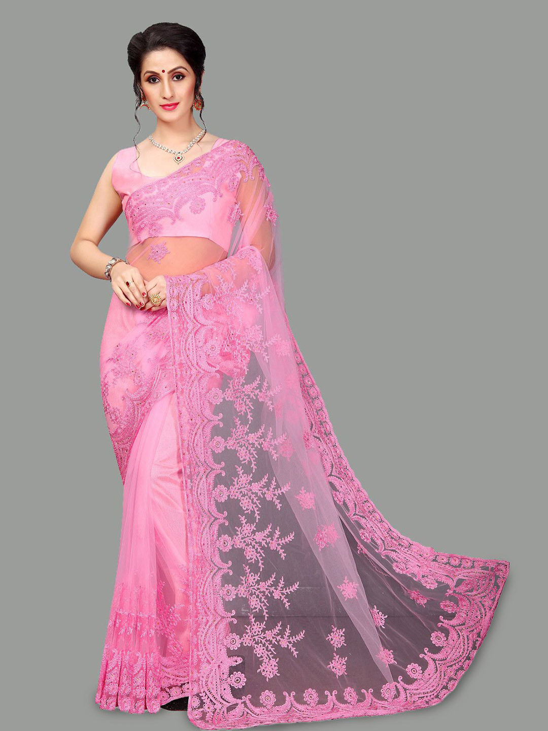 

Aika Floral Embroidered Pure Silk Saree, Pink