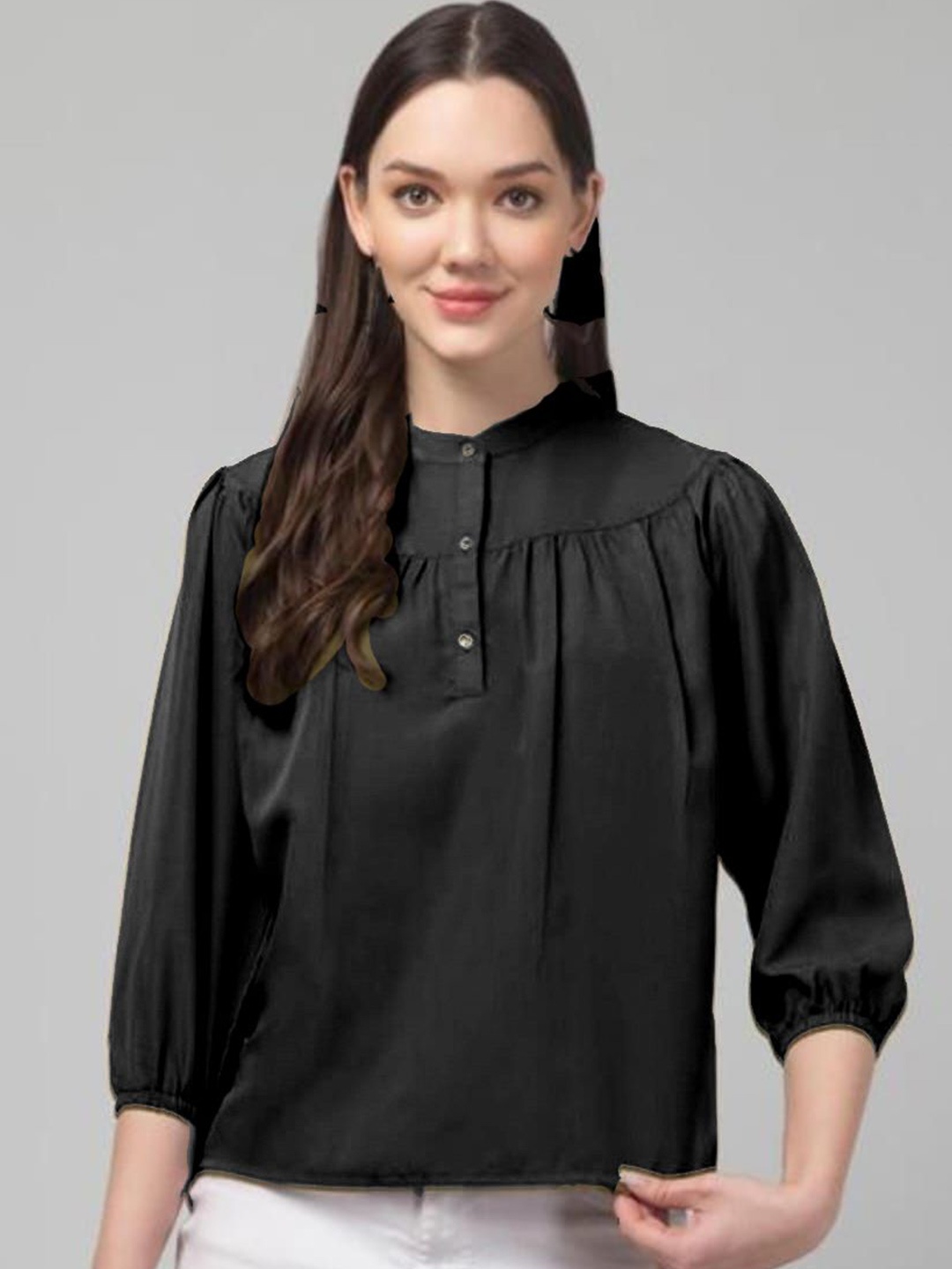 

CULPI Women Mandarin Collar Puff Sleeve Top, Black