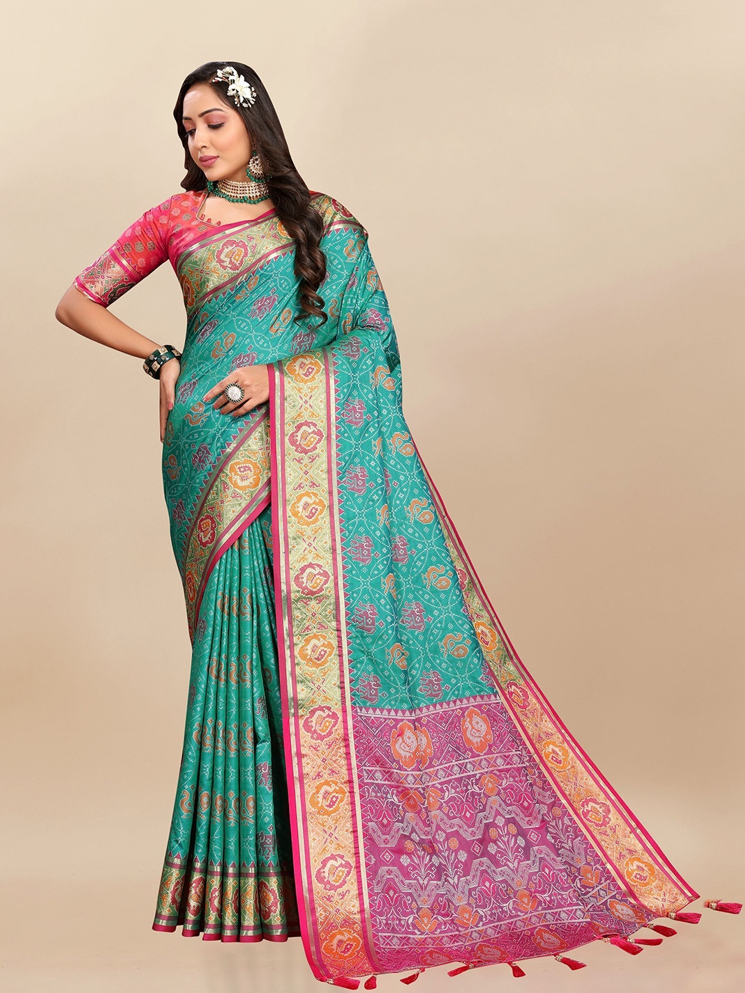 

Upalksh Ethnic Motifs Woven Design Zari Patola Saree, Green