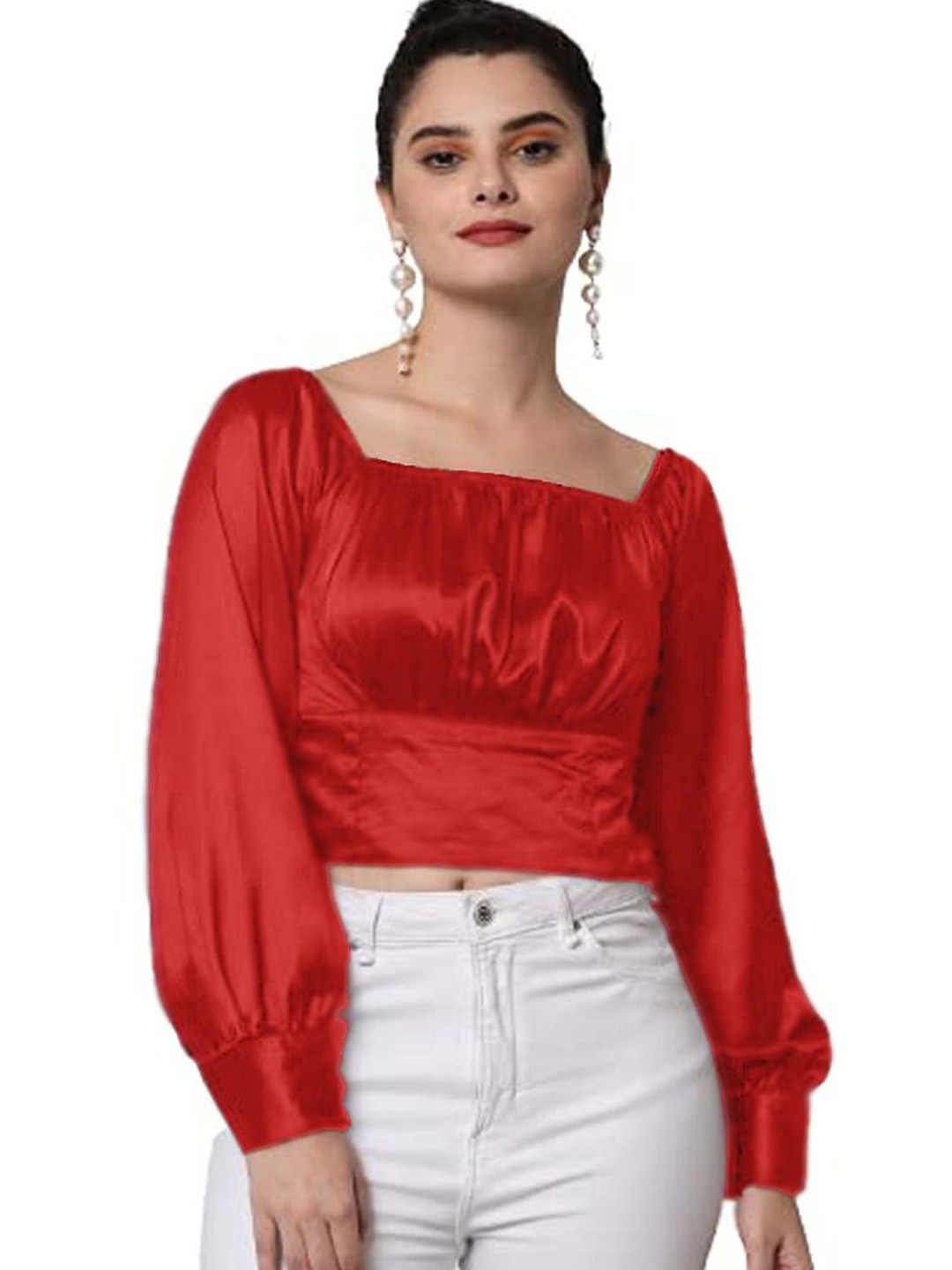 

CULPI Square Neck Satin Crop Top, Red