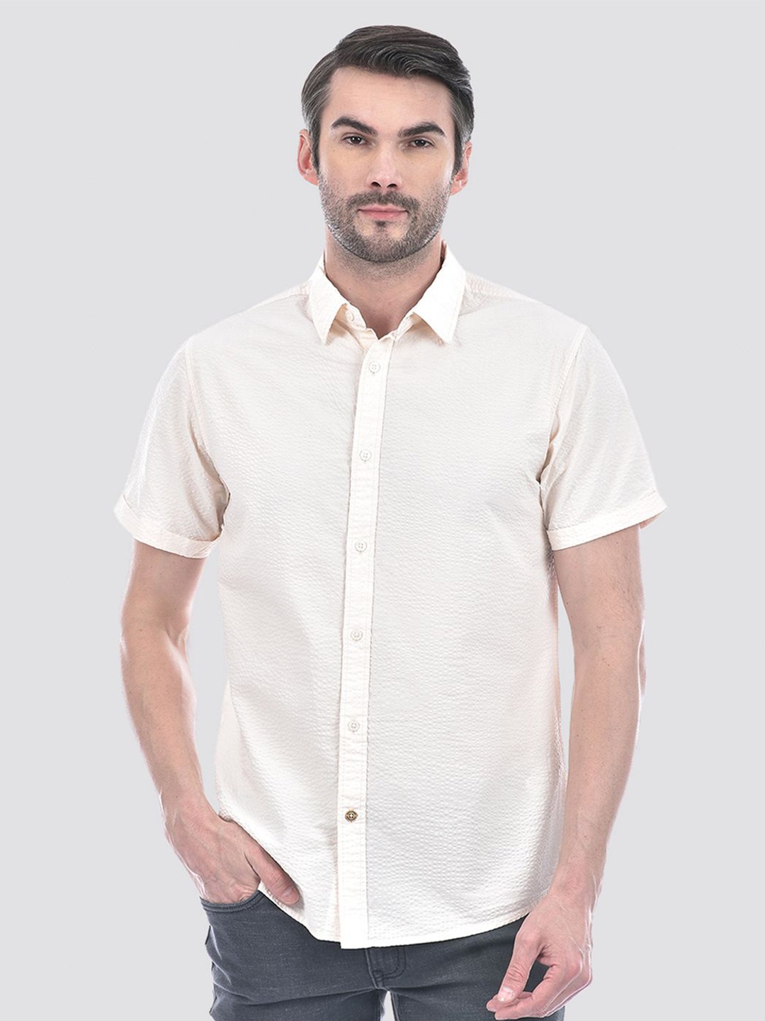 

Jack & Jones Men Slim Fit Spread Collar Textured Cotton Casual Shirt, Off white
