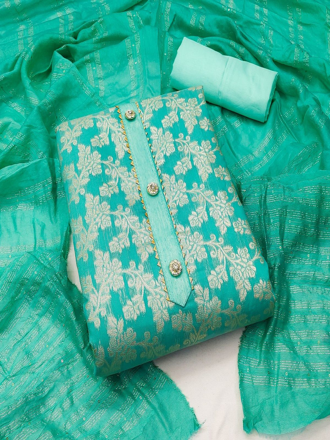 

A TO Z CART Floral Woven Design Embellished Gotta Patti Unstitched Dress Material, Teal