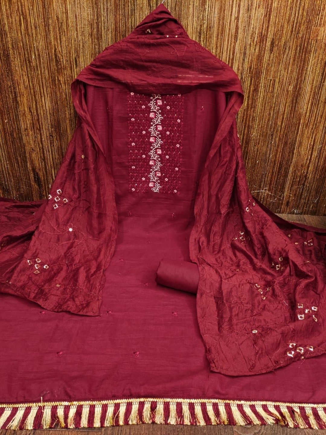 

A TO Z CART Floral Embroidered Sequinned Pure Silk Unstitched Dress Material, Maroon