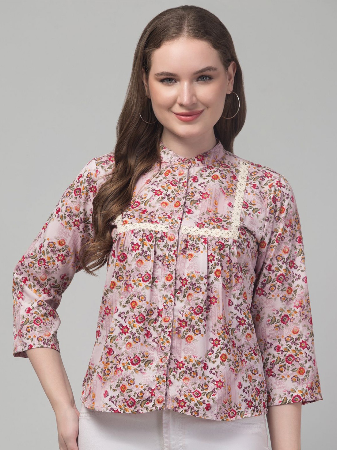 

CULPI Floral Printed Mandarin Collar Lace Shirt Style Top, Pink