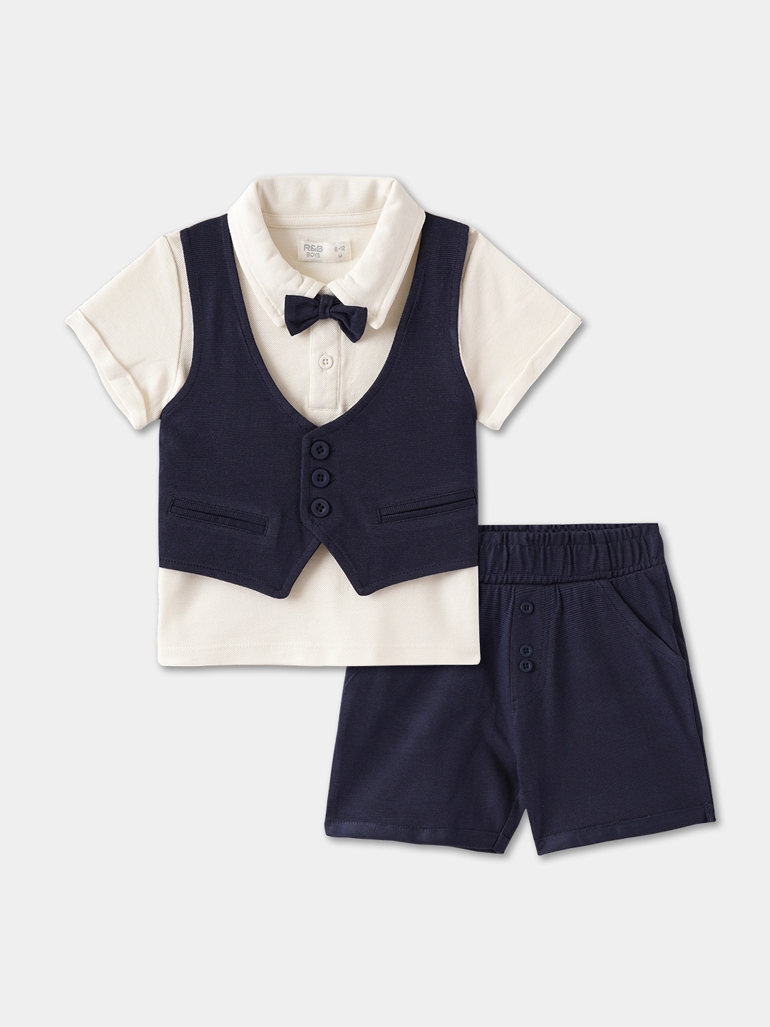 

R&B Boys Polo Collar Pure Cotton T-shirt with Waistcoat & Shorts, Navy blue