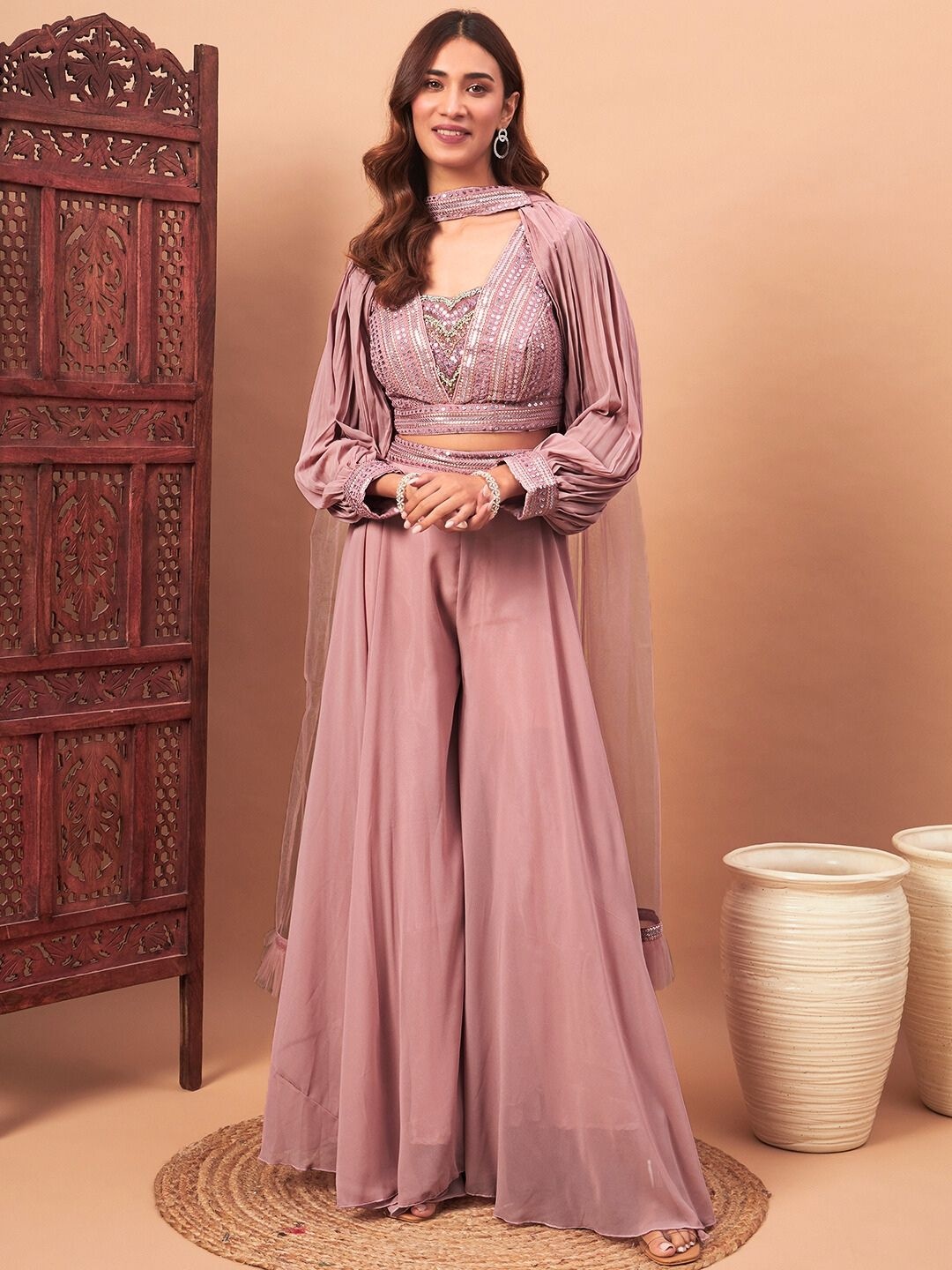 

Chhabra 555 Sequin Embellished V-Neck Cape Sleeves Crop Top With Palazzo And Dupatta, Pink