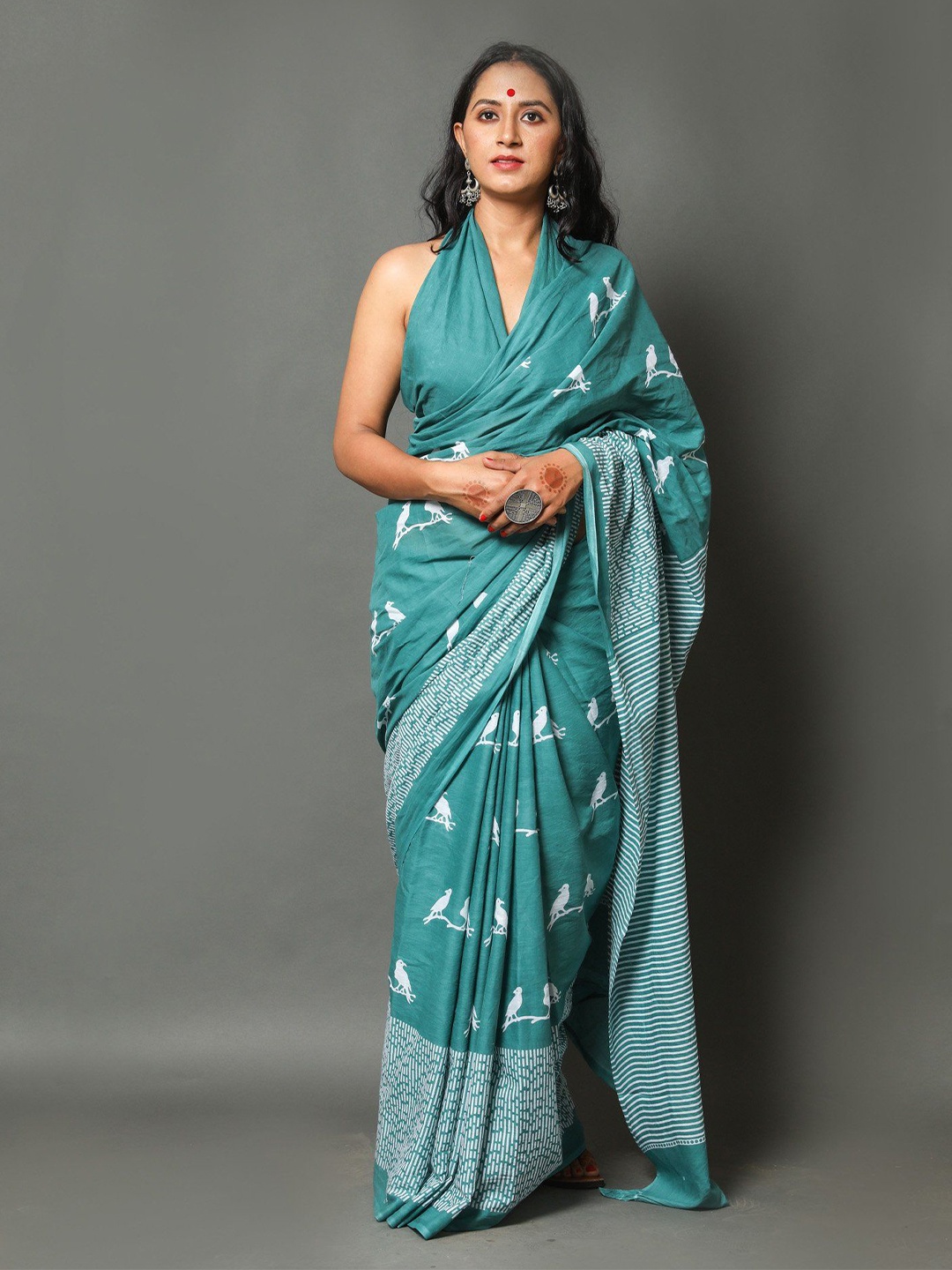 

Craft Musium Floral Pure Cotton Bagru Saree, Green