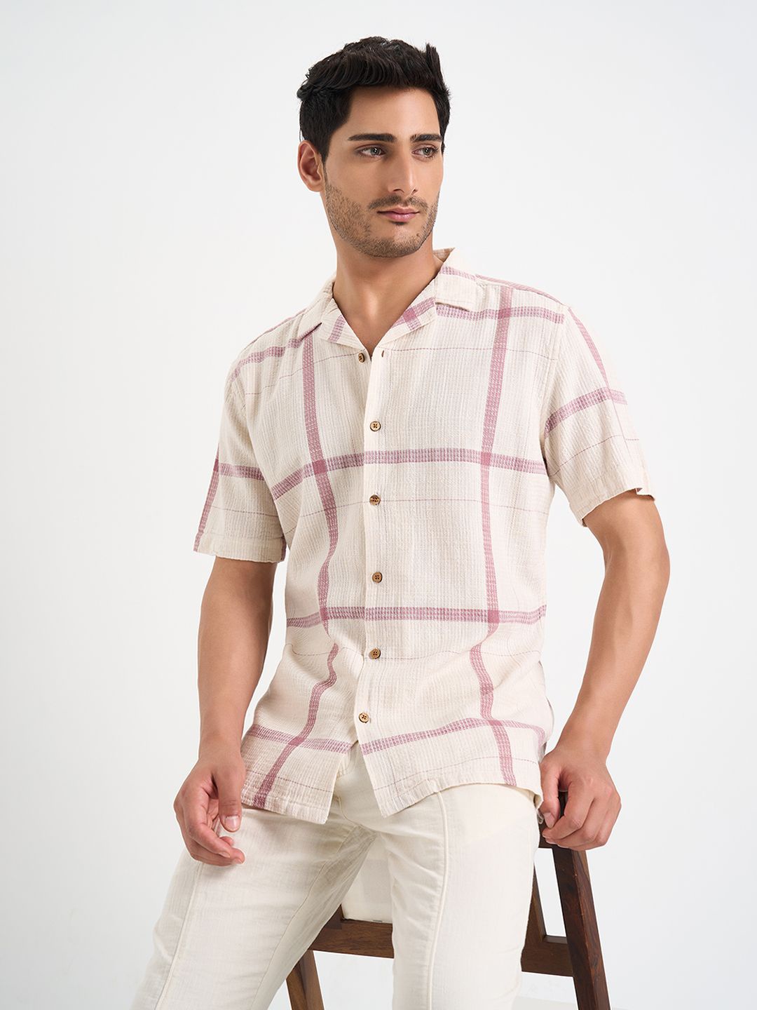 

7 Alt by Pantaloons Men Relaxed Fit Cuban Collar Windowpane Checked Cotton Casual Shirt, Off white