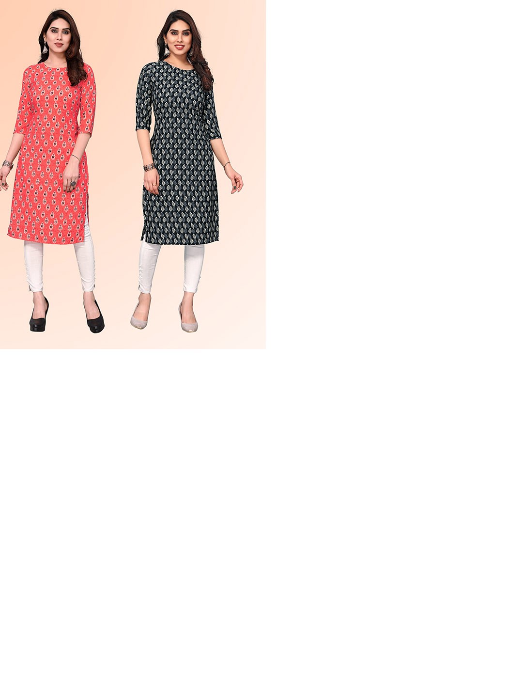 

KETAKI FASHION Selection Of 2 Floral Printed Round Neck Straight Kurtas, Peach