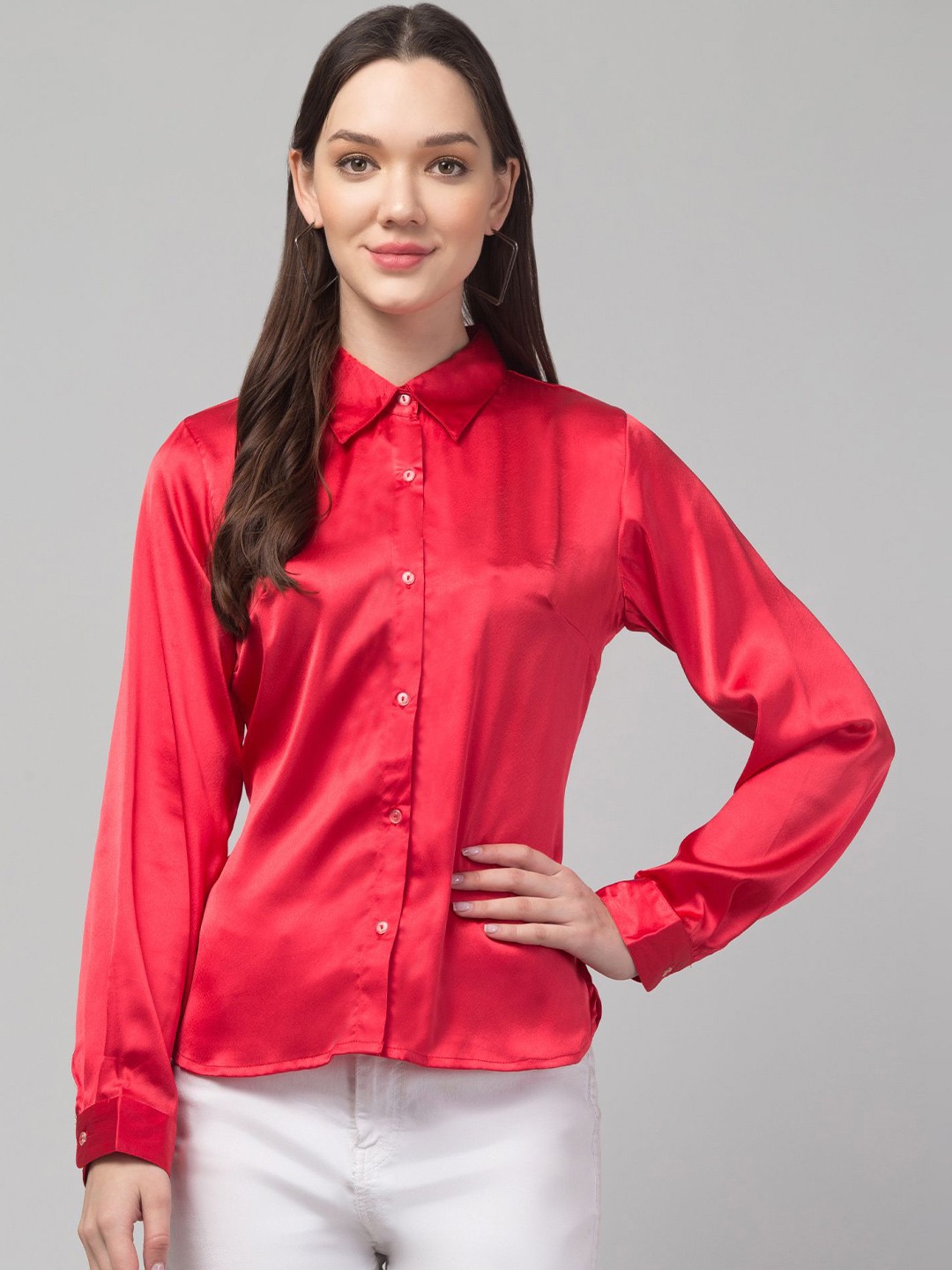 

CULPI Women Satin Shirt Style Top, Red