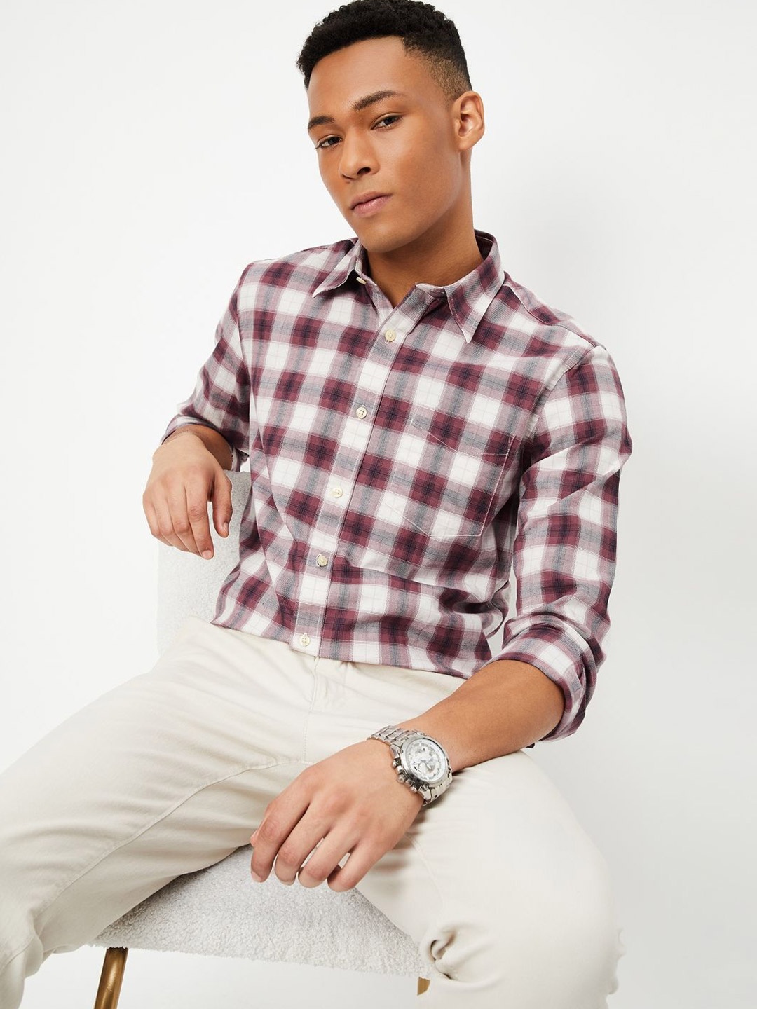 

max Men Spread Collar Tartan Checked Cotton Casual Shirt, White