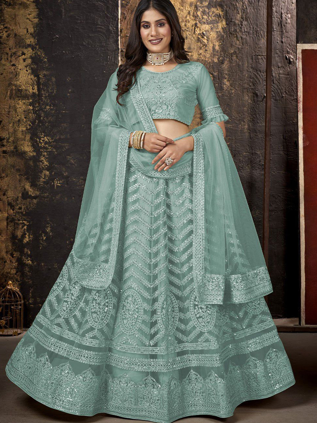 

Jesvi Embroidered Thread Work Semi-Stitched Lehenga & Blouse With Dupatta, Green