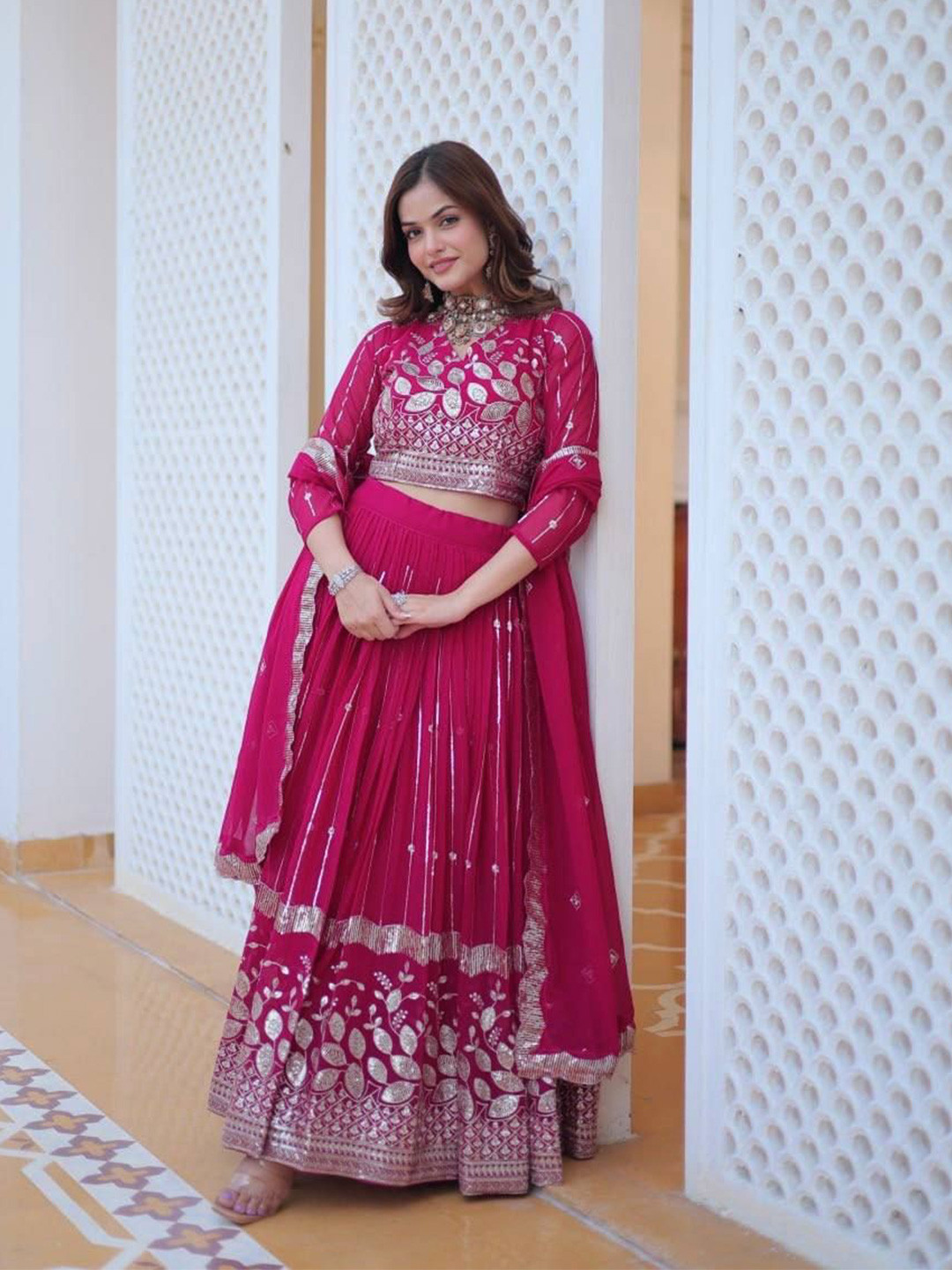 

Ethnic Yard Embroidered Ready to Wear Lehenga & Blouse With Dupatta, Pink