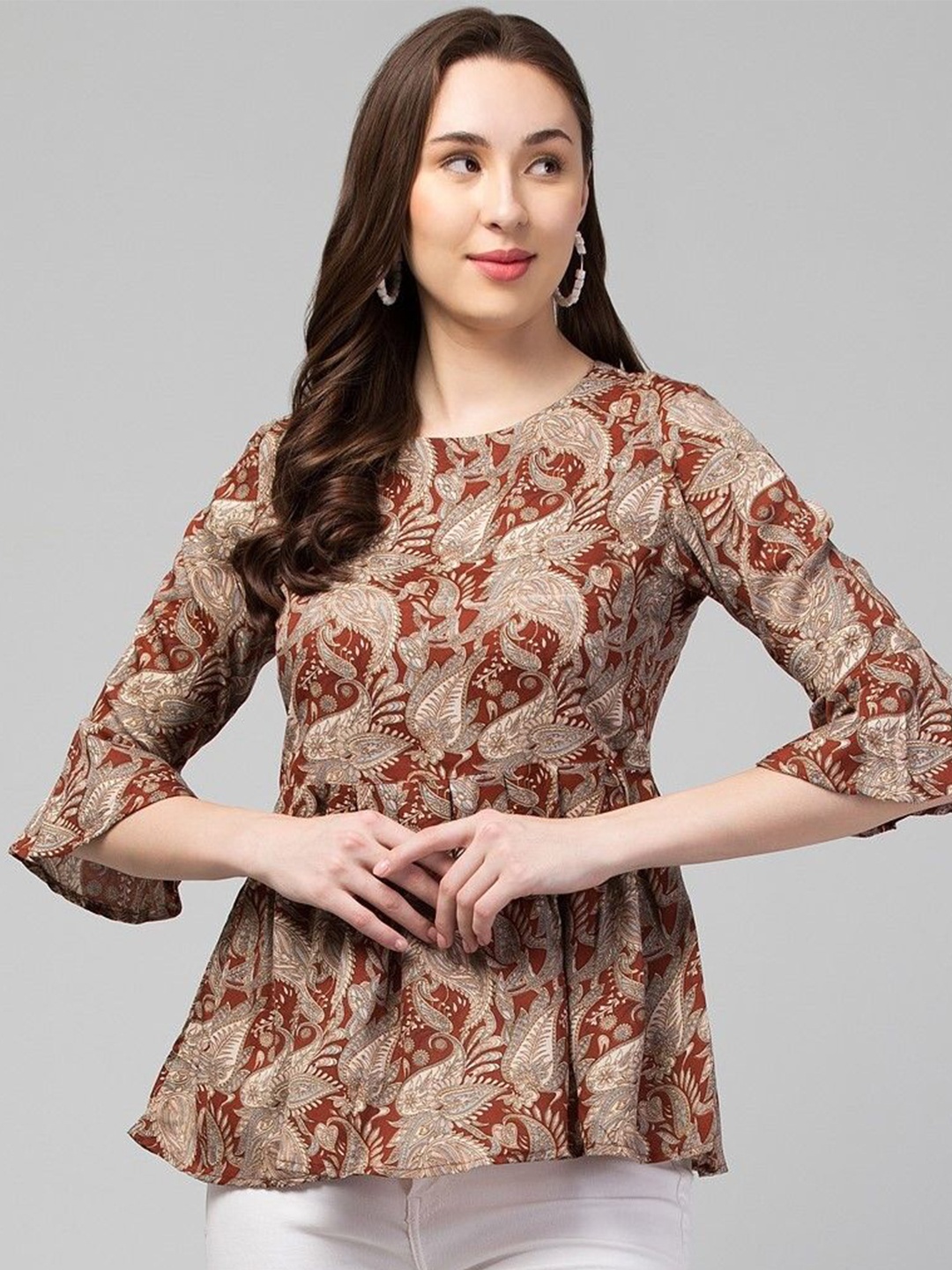 

CULPI Women Ethnic Motifs Printed Pleated Regular Top, Beige