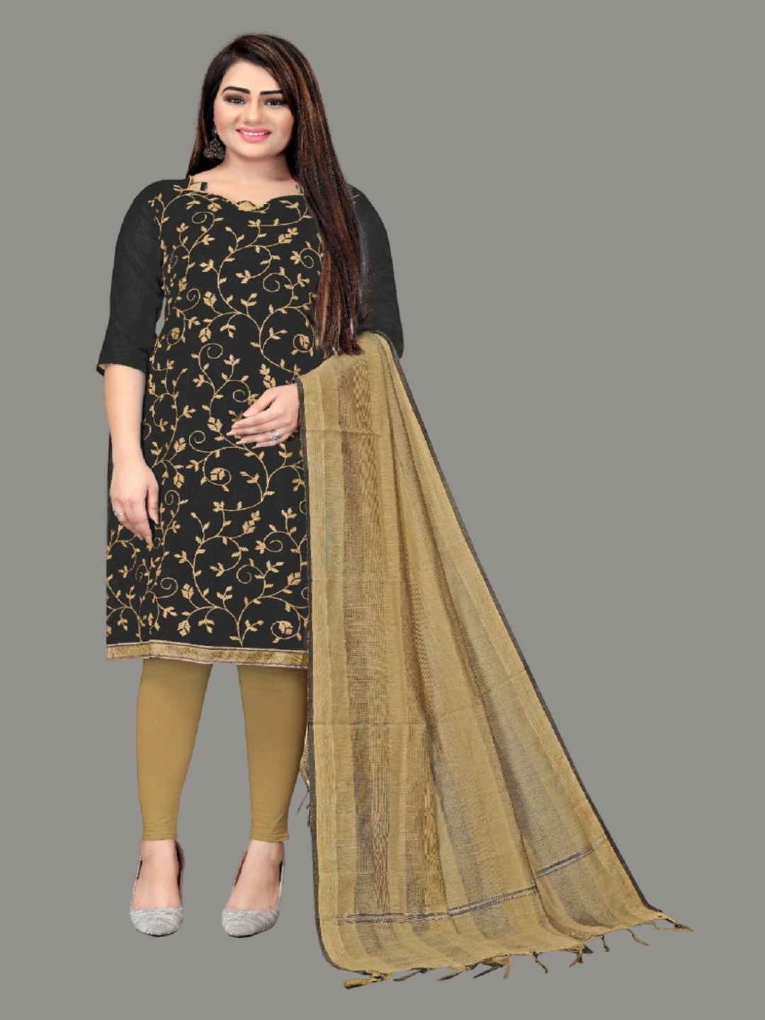 

A TO Z CART Floral Embroidered Chanderi Unstitched Dress Material, Black