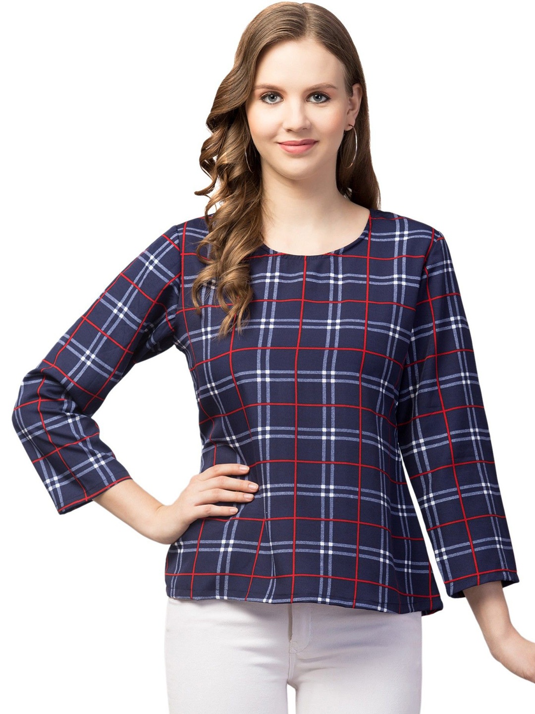 

CULPI Women Round Neck Checked Top, Navy blue