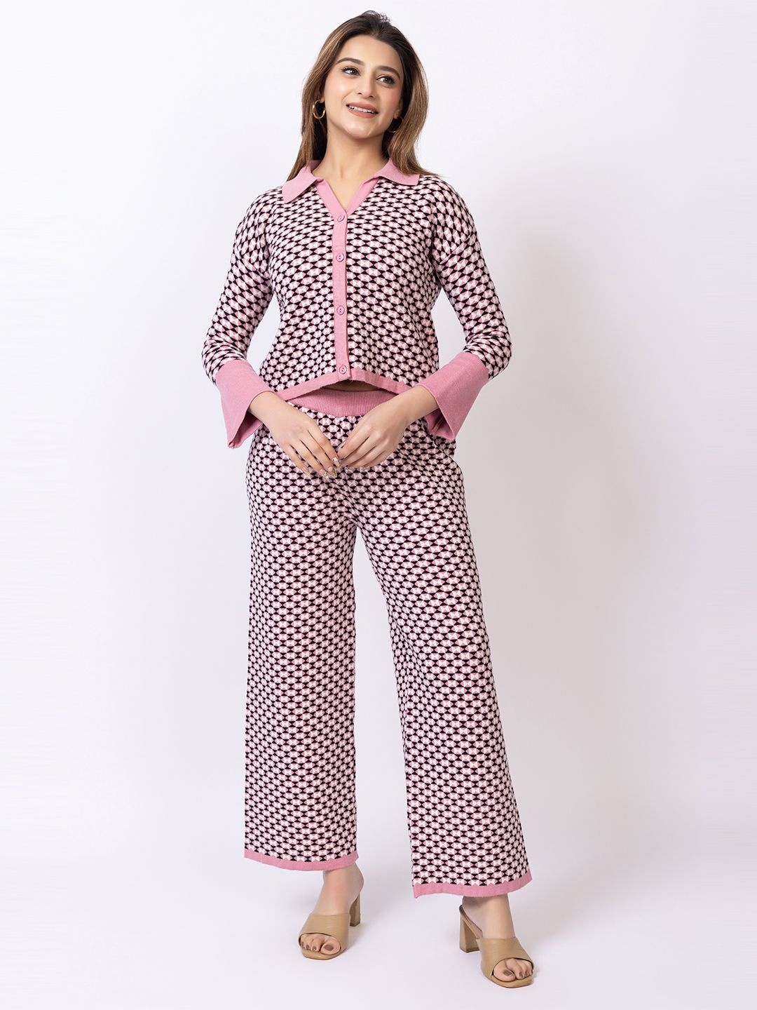 

Club York Geometric Printed Jacquard Sweater With Trouser, Pink