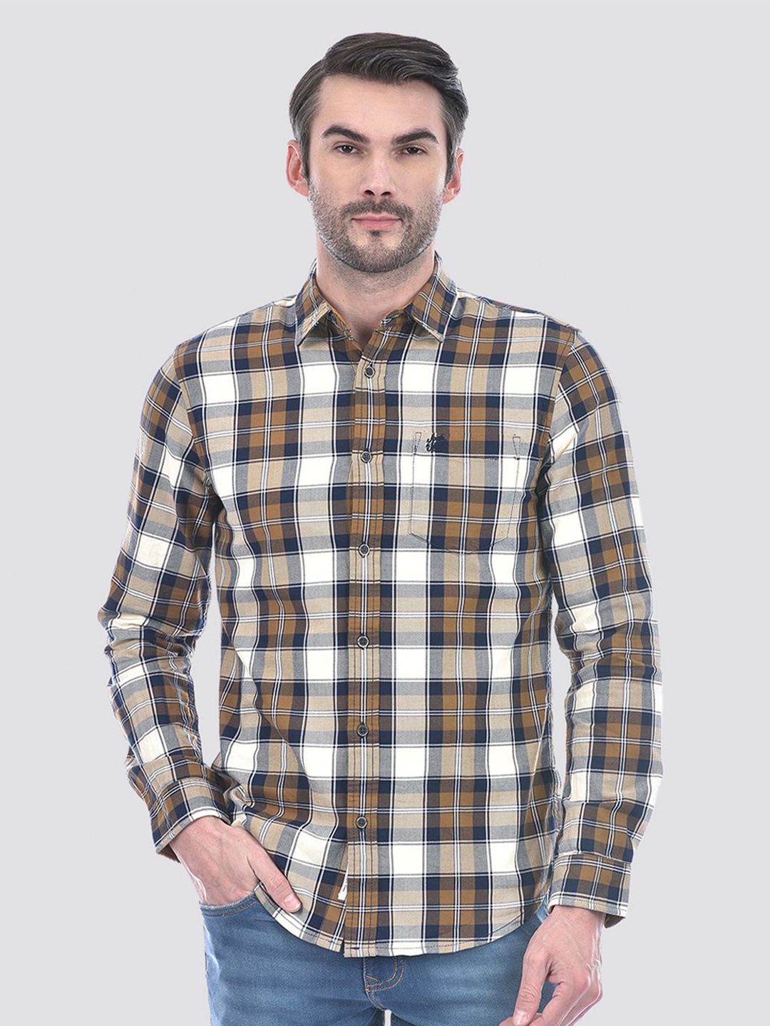 

Jack & Jones Men Slim Fit Spread Collar Tartan Checked Cotton Casual Shirt, White