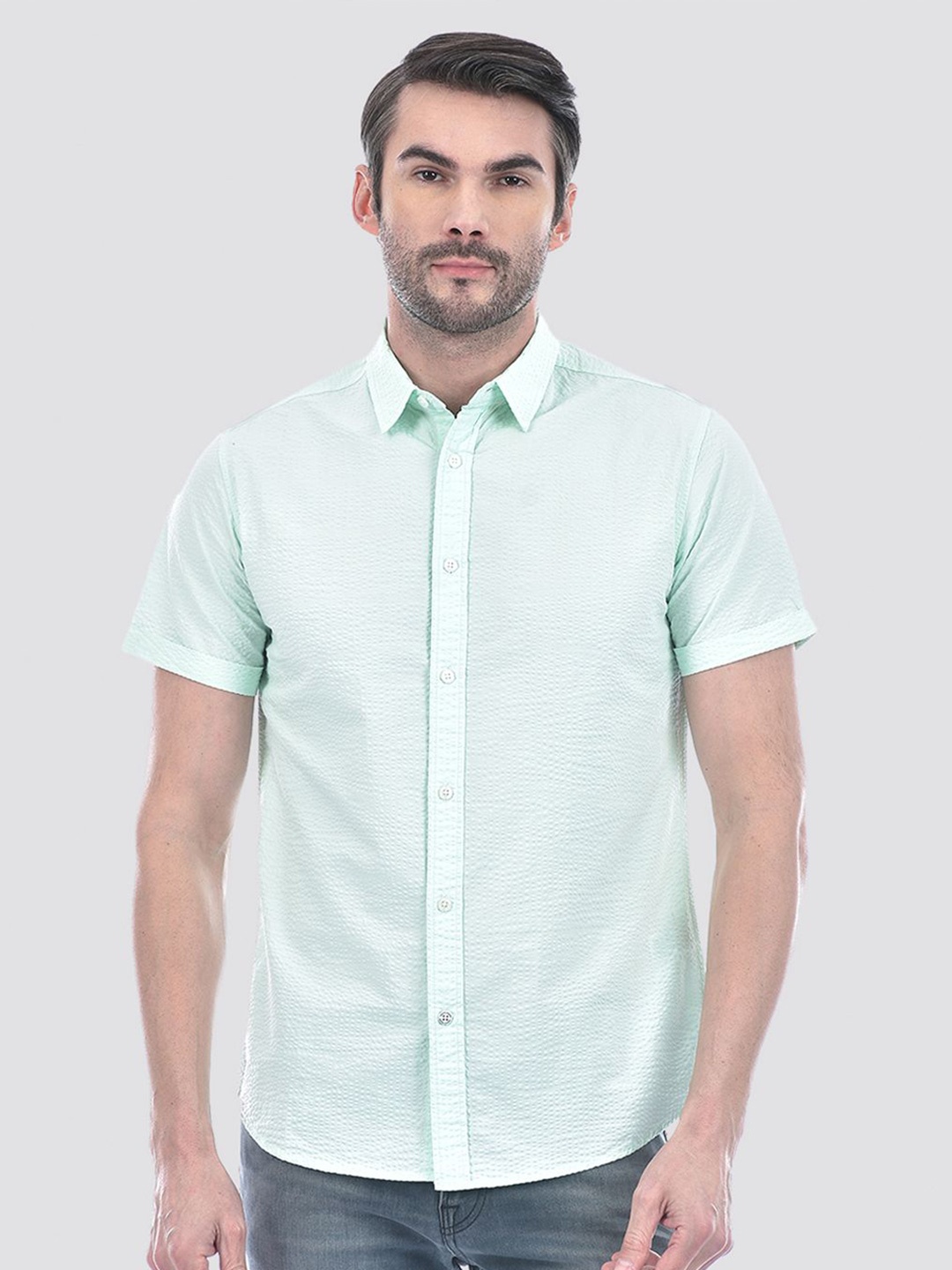 

Jack & Jones Men Slim Fit Spread Collar Textured Cotton Casual Shirt, Sea green