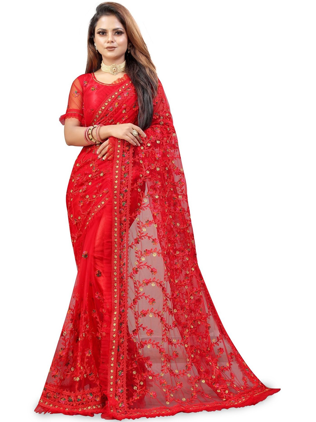 

Aika Floral Embroidered Pure Silk Saree, Red
