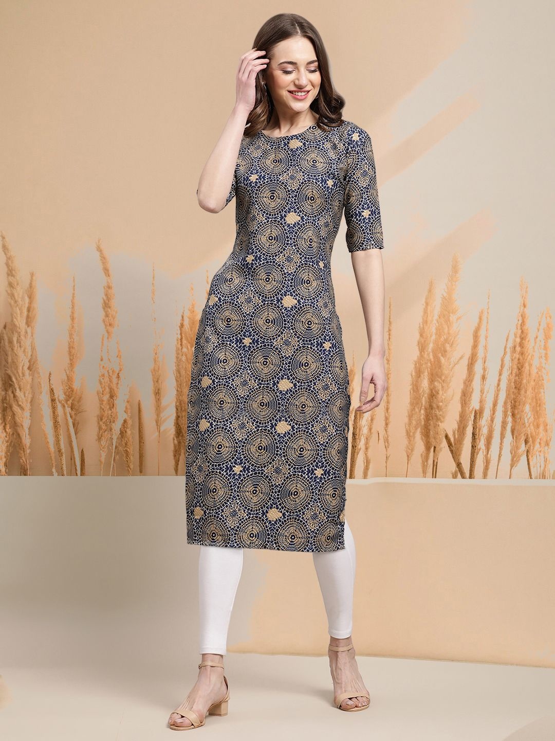 

7Threads Selection of 5 Geometric Printed Round Neck Straight Kurtas, Navy blue