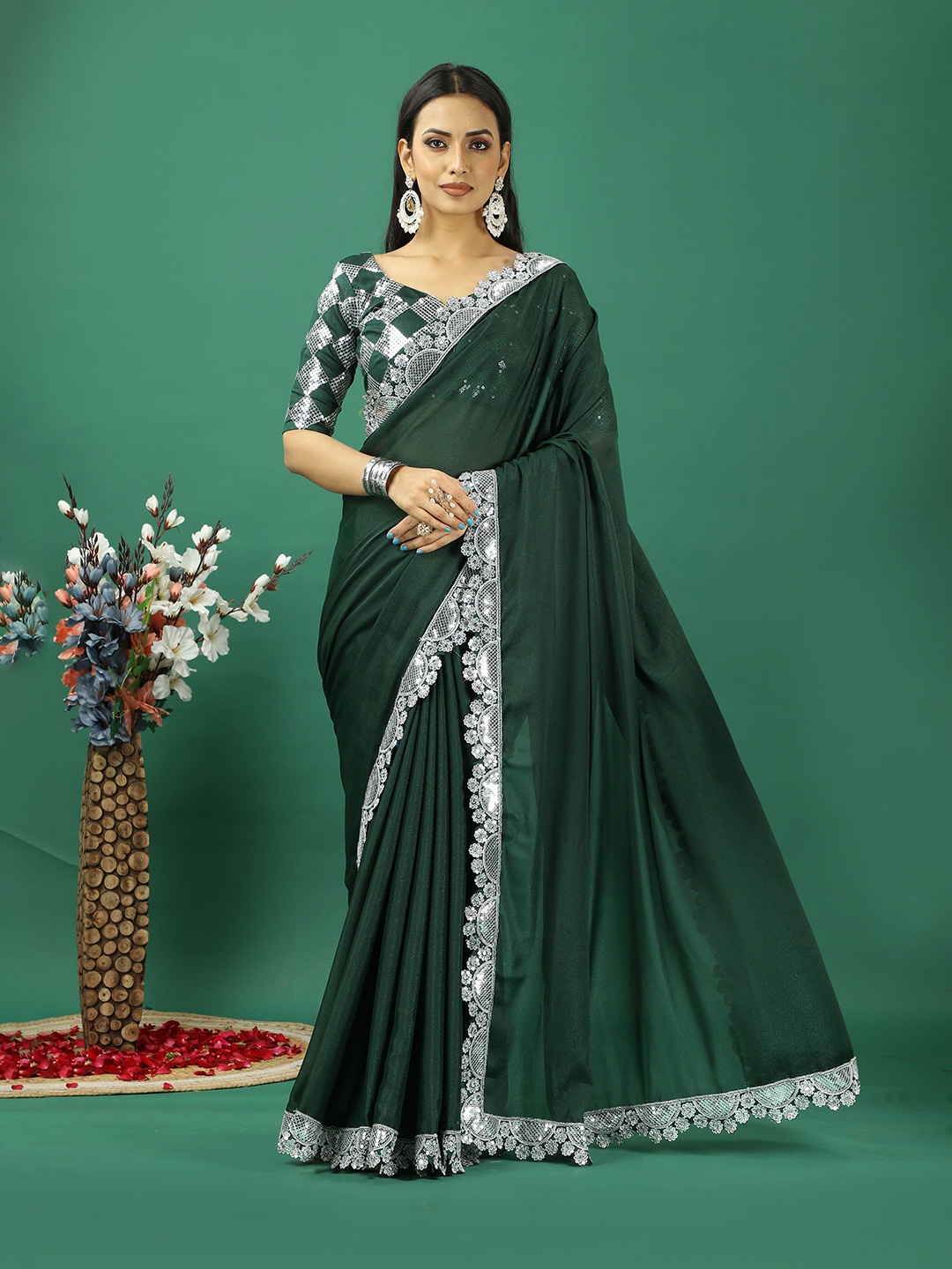 

HI FI NX Embroidered Satin Saree, Green