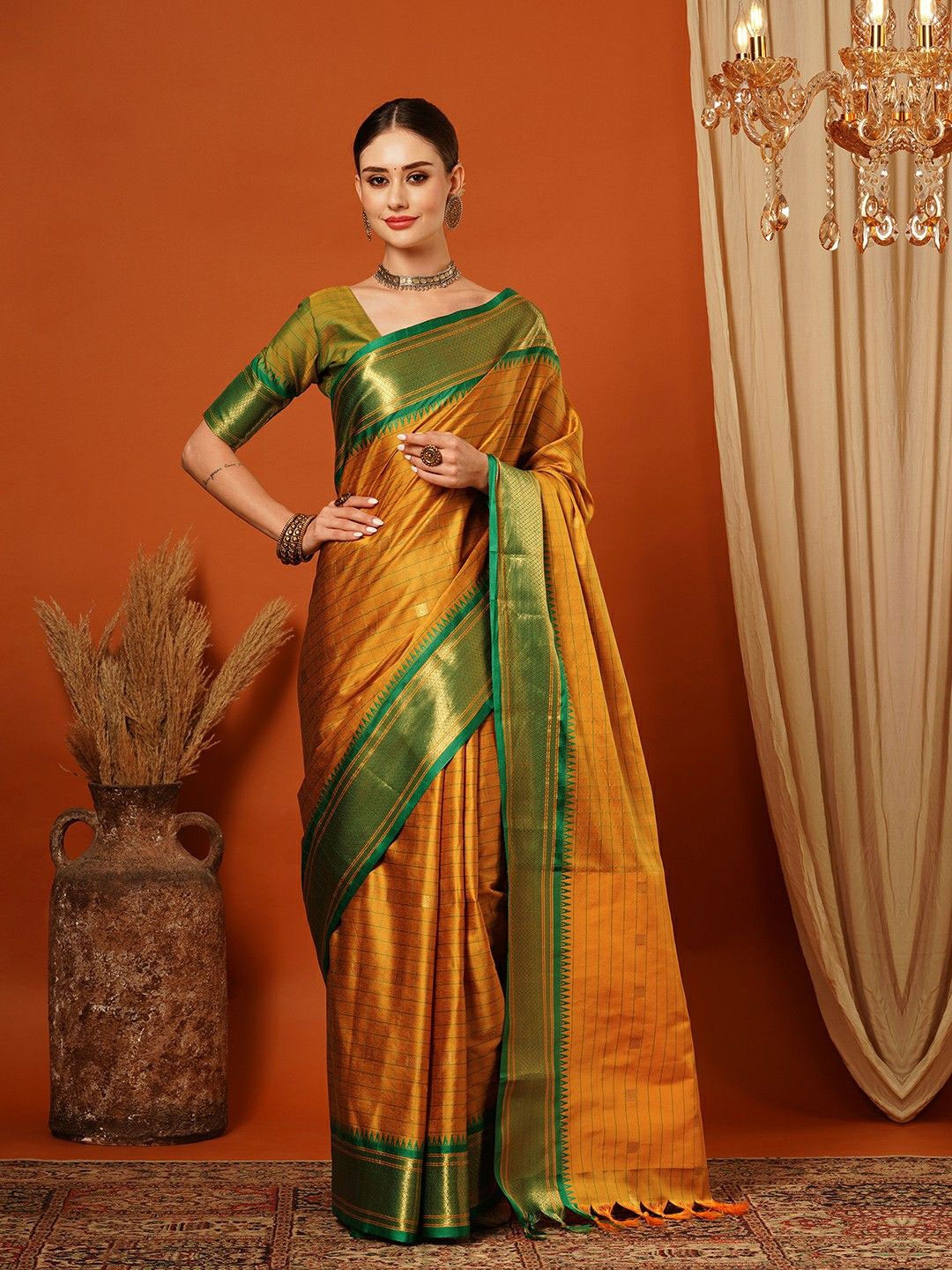 

WINKLECART Woven Design Zari Pure Silk Banarasi Saree, Orange