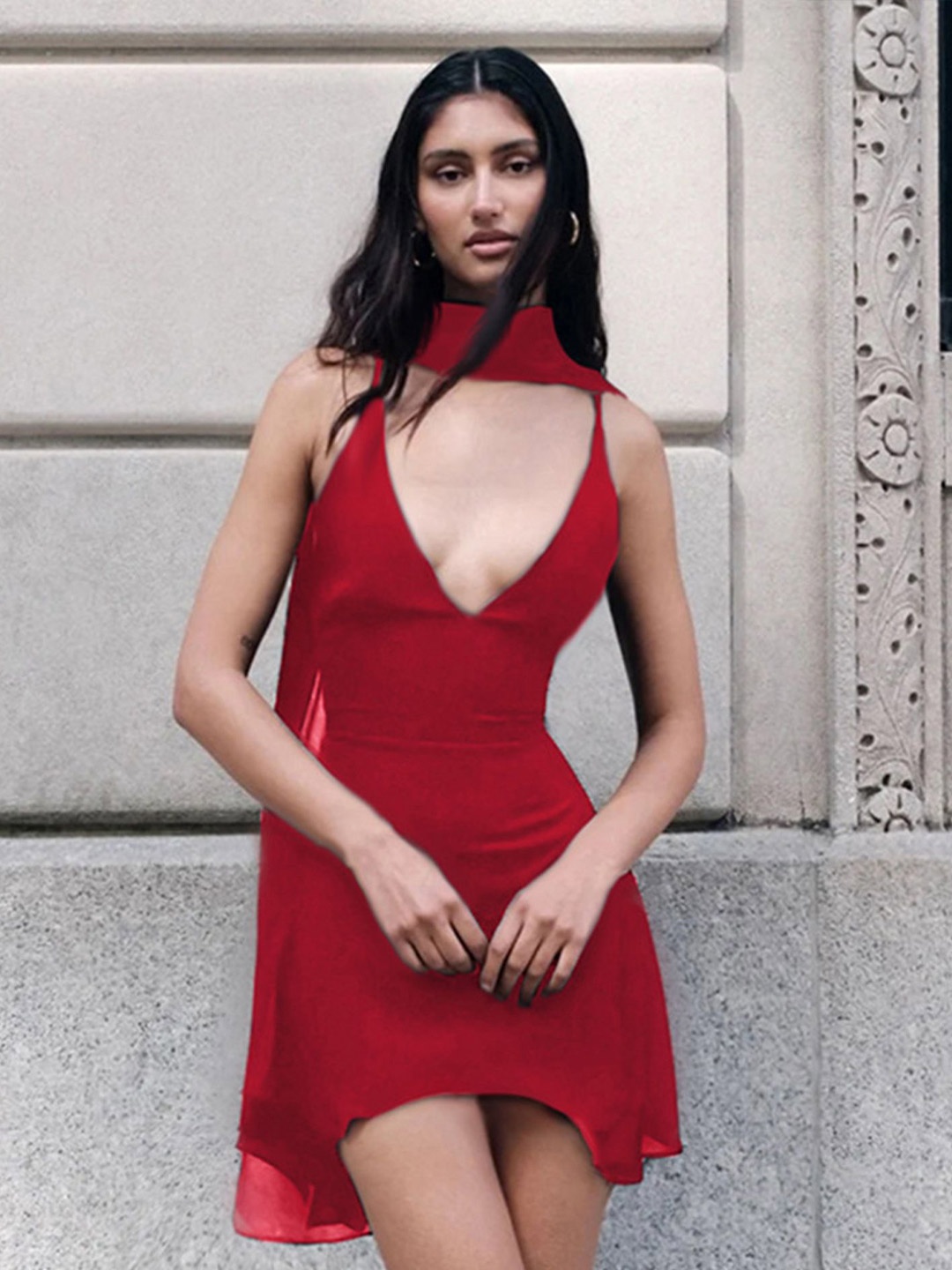 

LULU & SKY Women Shoulder Straps A-Line Mini Dress With Scarf, Red