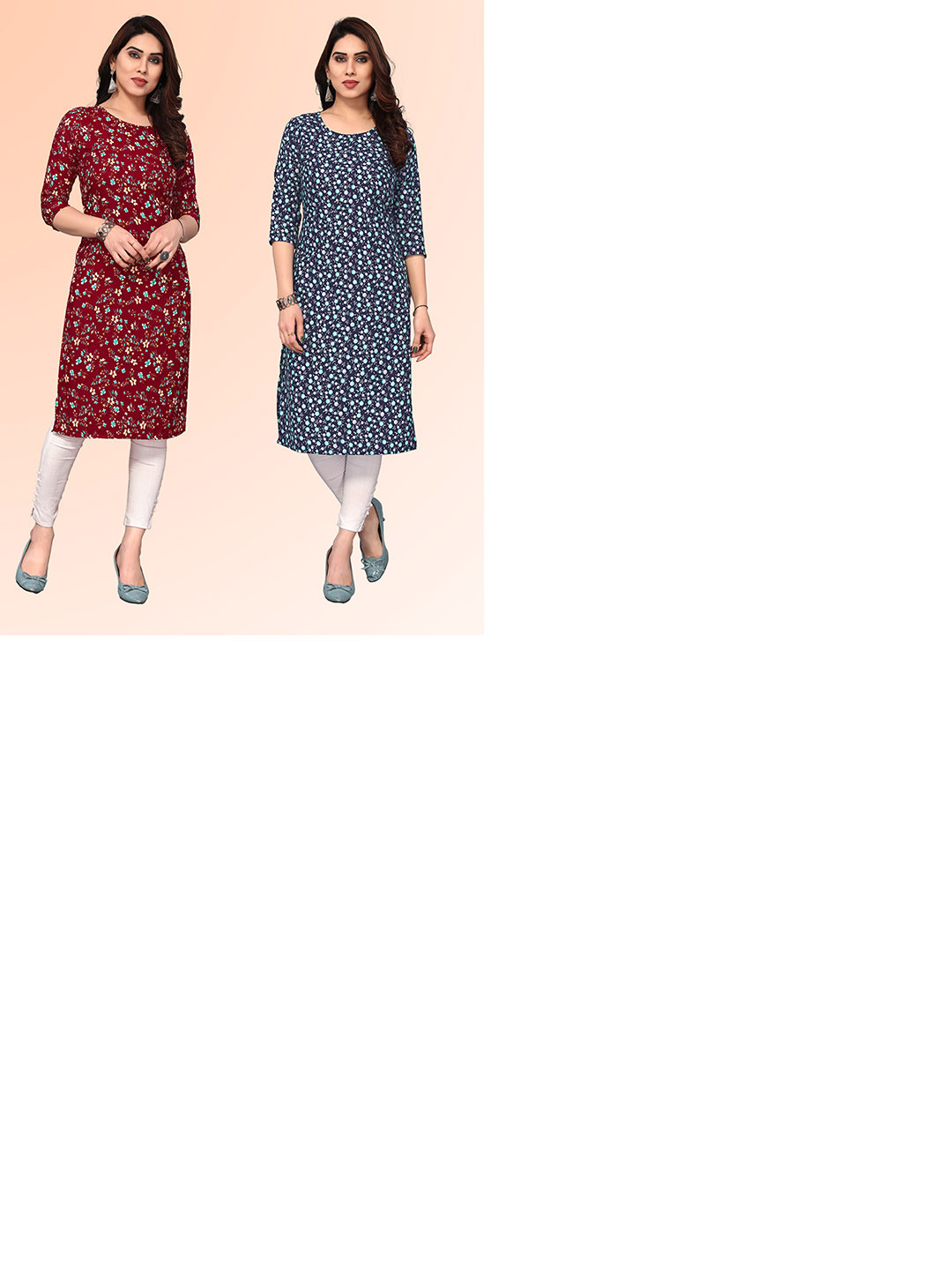 

KETAKI FASHION Selection Of 2 Floral Printed Round Neck Straight Kurtas, Maroon