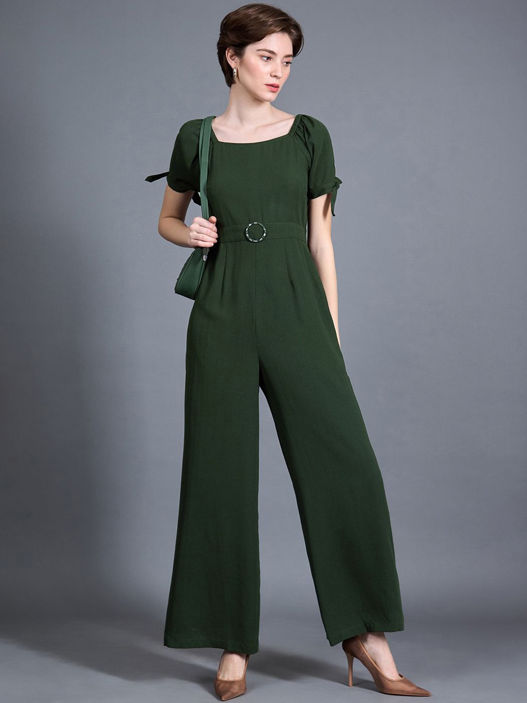 

Miss Chase Women Square Neck Puff sleeve Solid Wide Leg Regular Formal Jumpsuit, Green