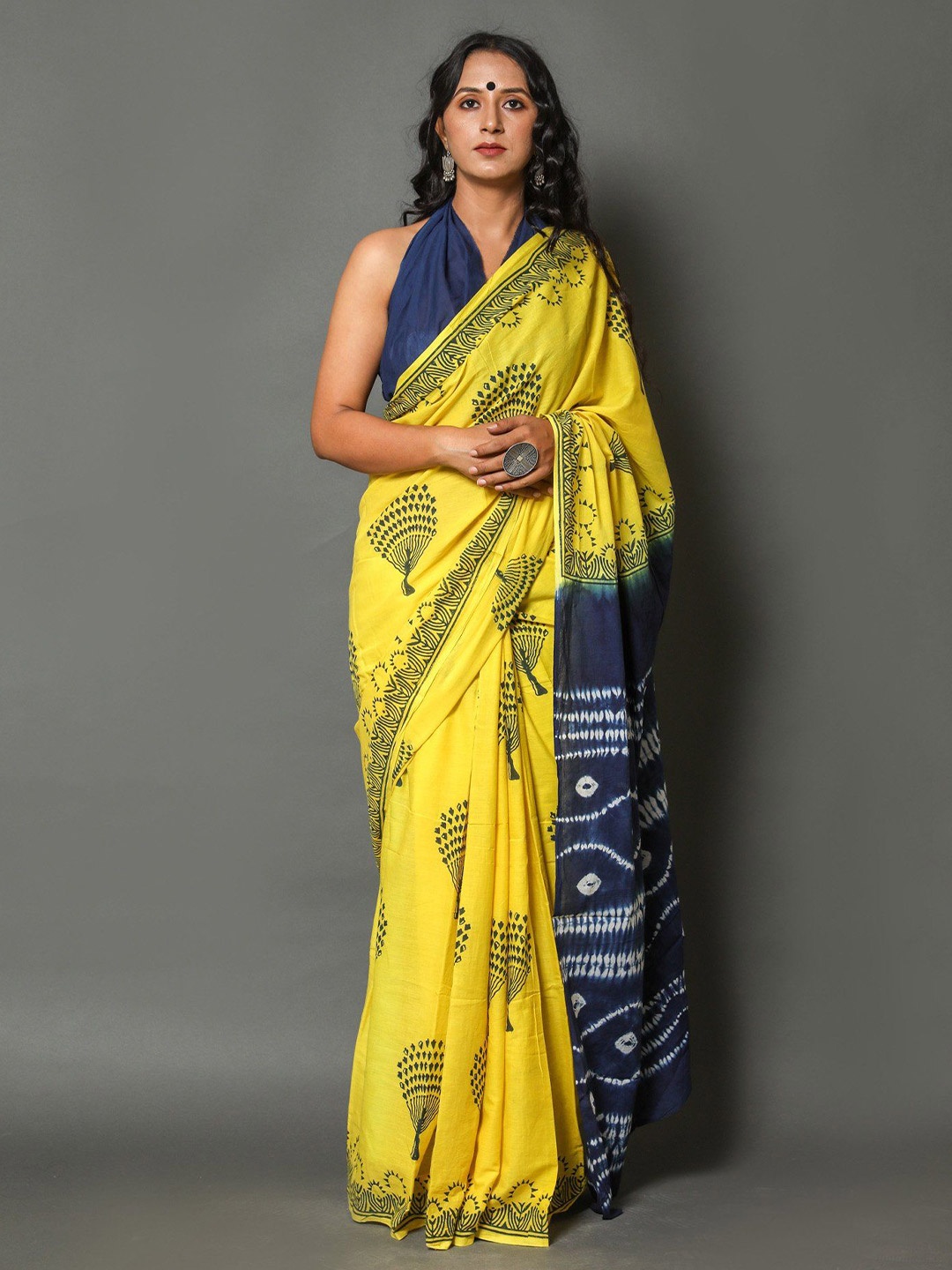 

Craft Musium Floral Pure Cotton Bagru Saree, Yellow