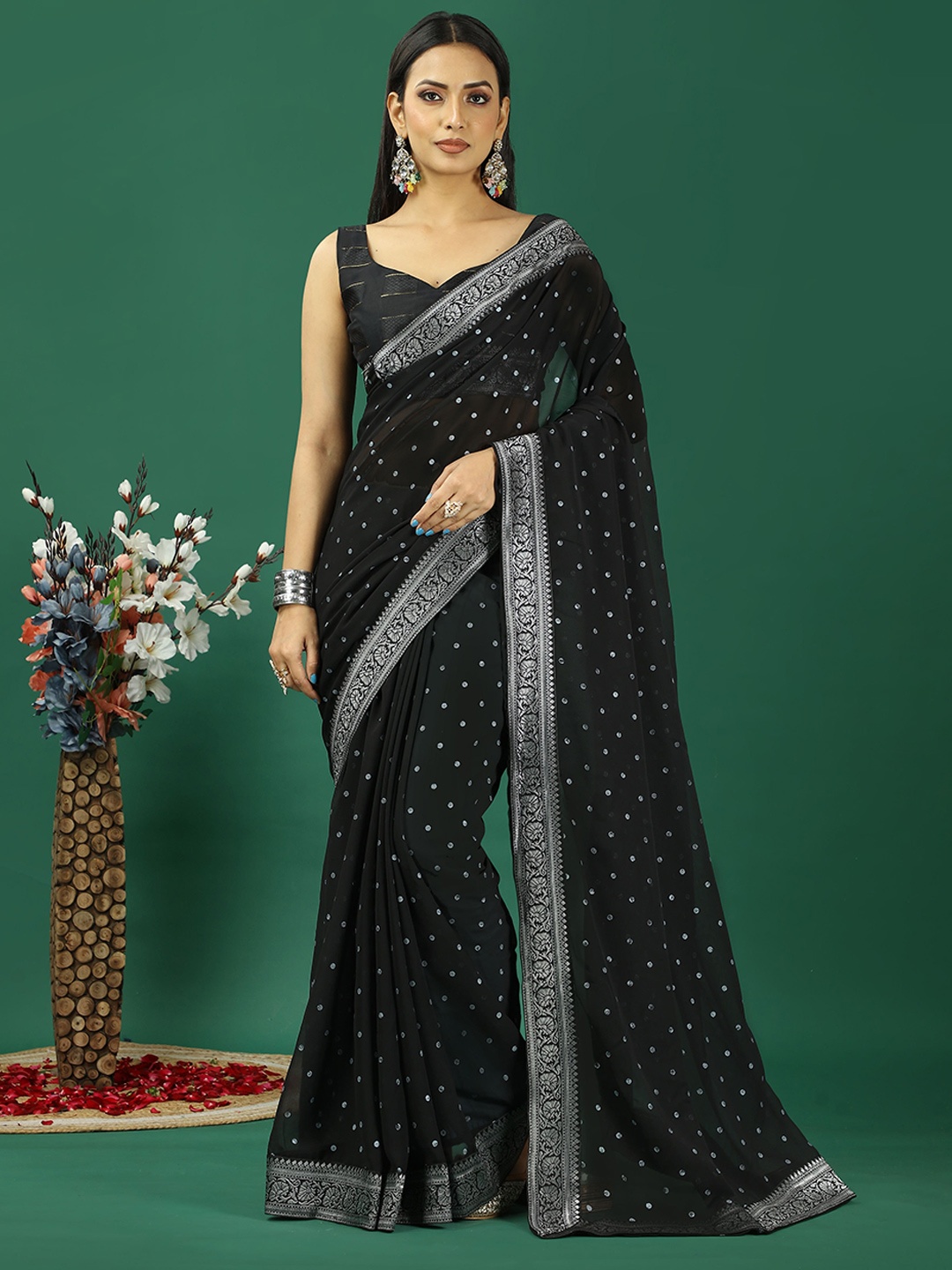 

HI FI NX Polka Dot Woven Design Zari Pure Georgette Banarasi Saree, Black