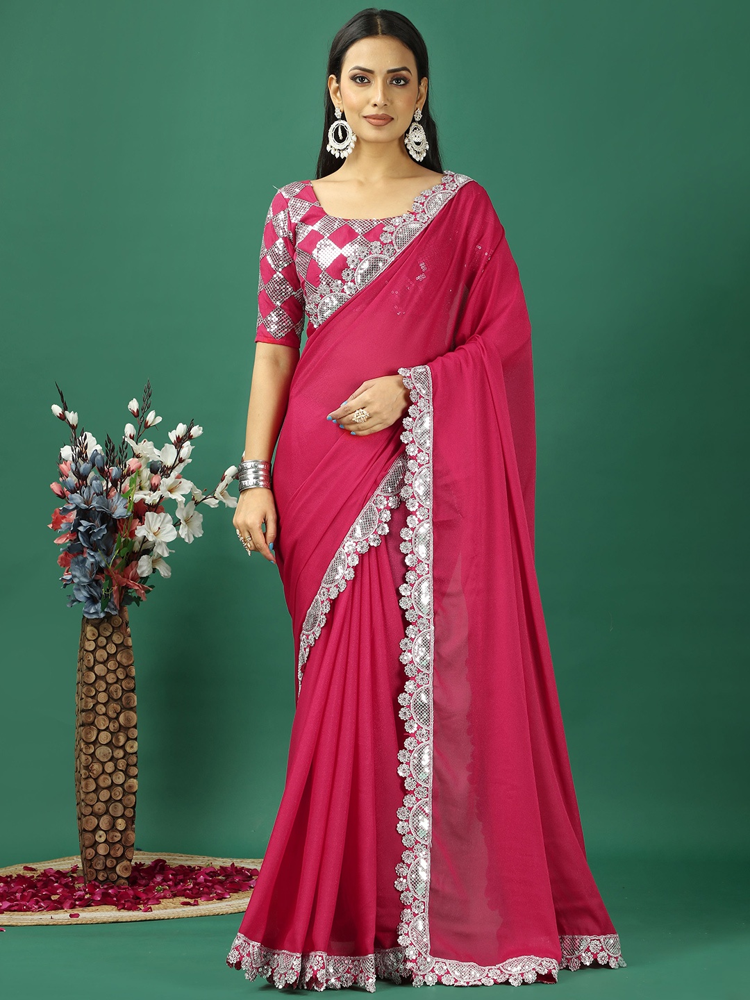 

HI FI NX Embellished Sequinned Satin Saree, Pink