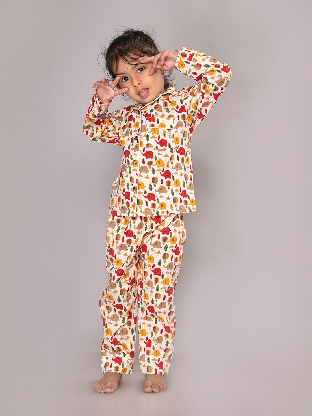 

BLOCKS OF INDIA Kids Pure Cotton Printed Lapel Collar Night suit, White