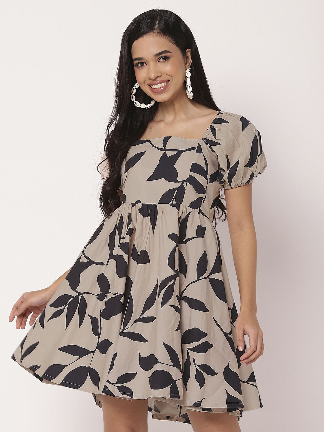 

Moomaya Women Tropical Printed Puff Sleeve Fit & Flare Mini Dress, Beige