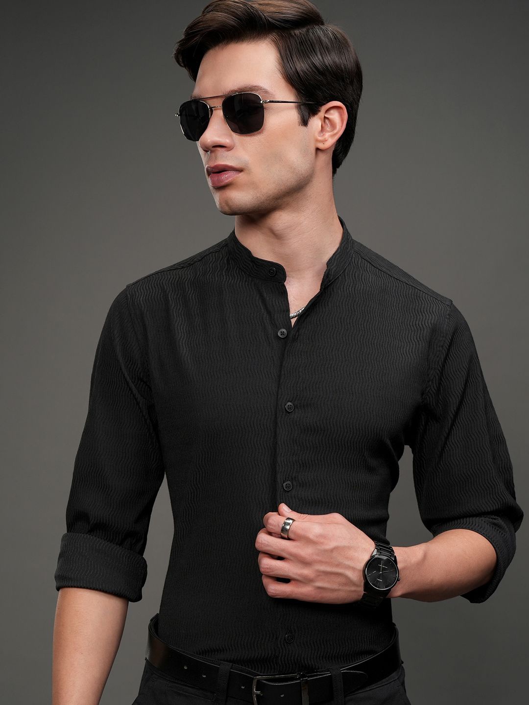 

HIGHLANDER Men Popcorn Textured Mandarin Collar Slim Fit Casual Shirt, Black