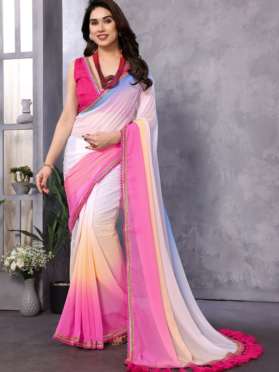 

Mitera Ombre Poly Georgette Saree, Pink