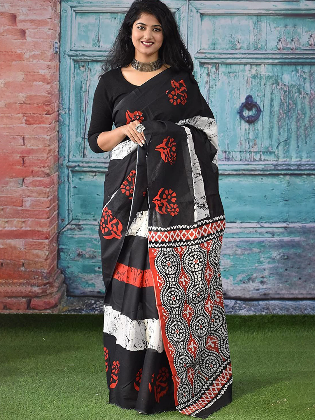 

Craft Musium Ethnic Motifs Pure Cotton Bagru Saree, Red
