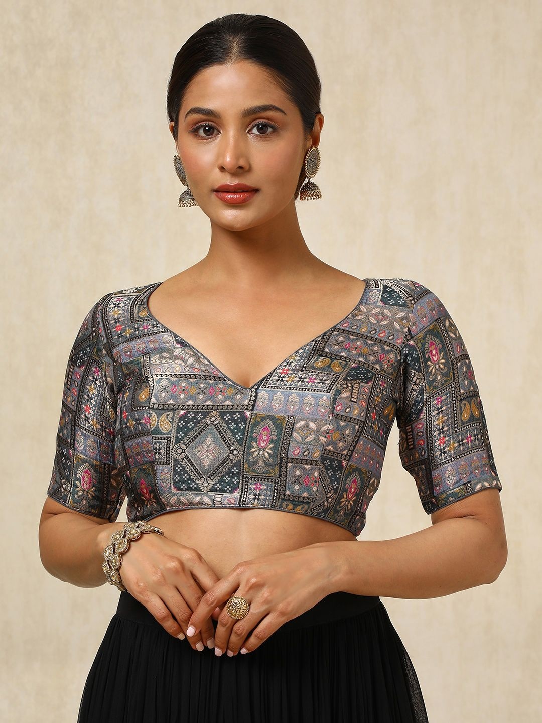 

Soch Woven Design V-Neck Padded Saree Blouse, Grey