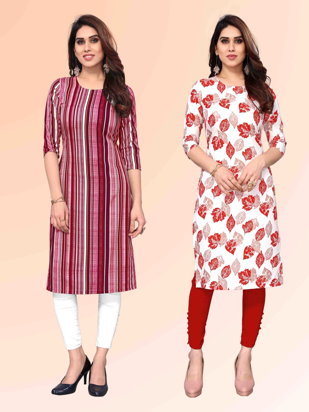 

KETAKI FASHION Selection Of 2 Striped Round Neck Straight Kurtas, Maroon