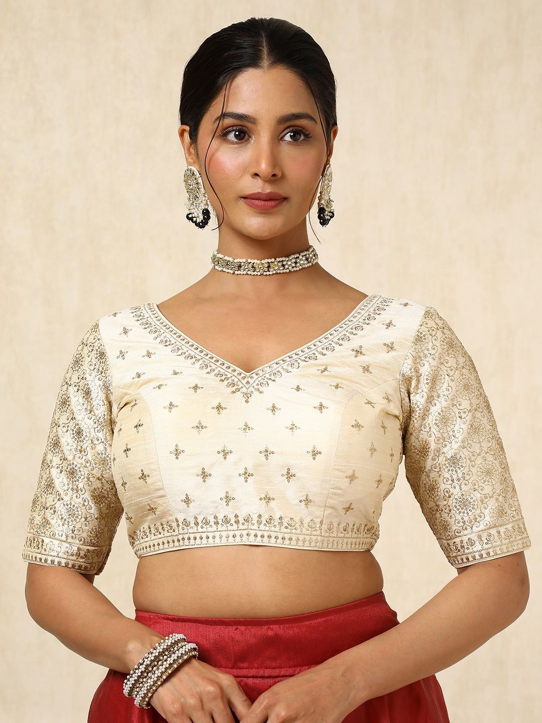 

Soch Embroidered Padded Sequinned V-Neck Saree Blouse, Cream