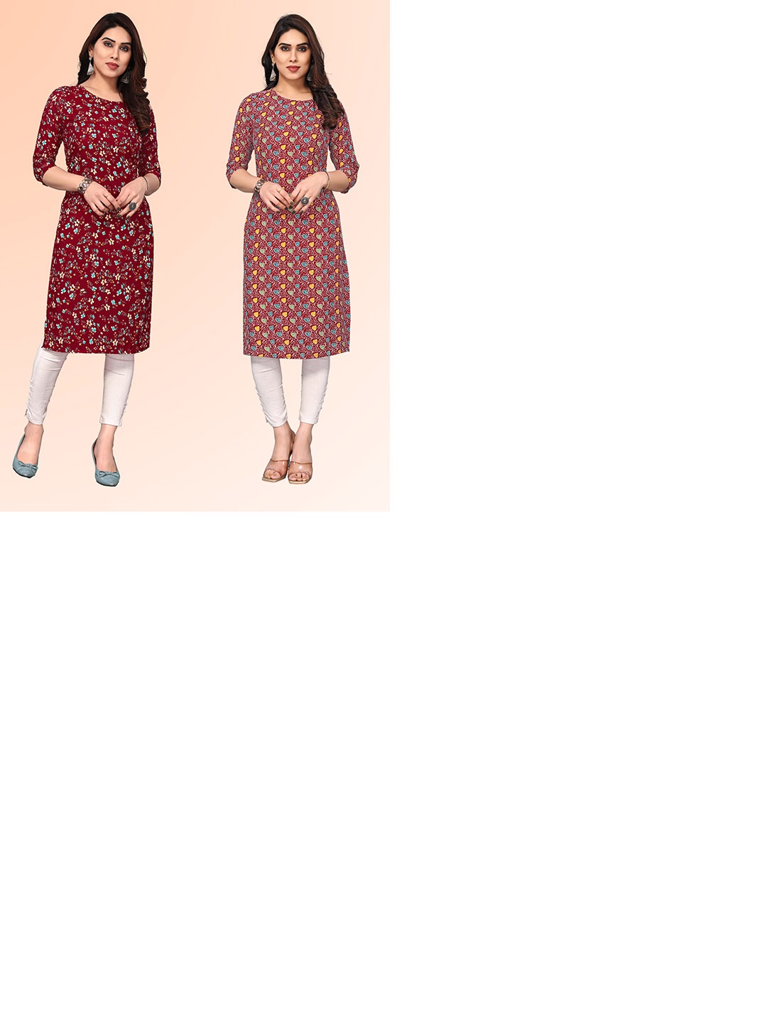 

KETAKI FASHION Selection Of 2 Floral Printed Round Neck Straight Kurtas, Maroon