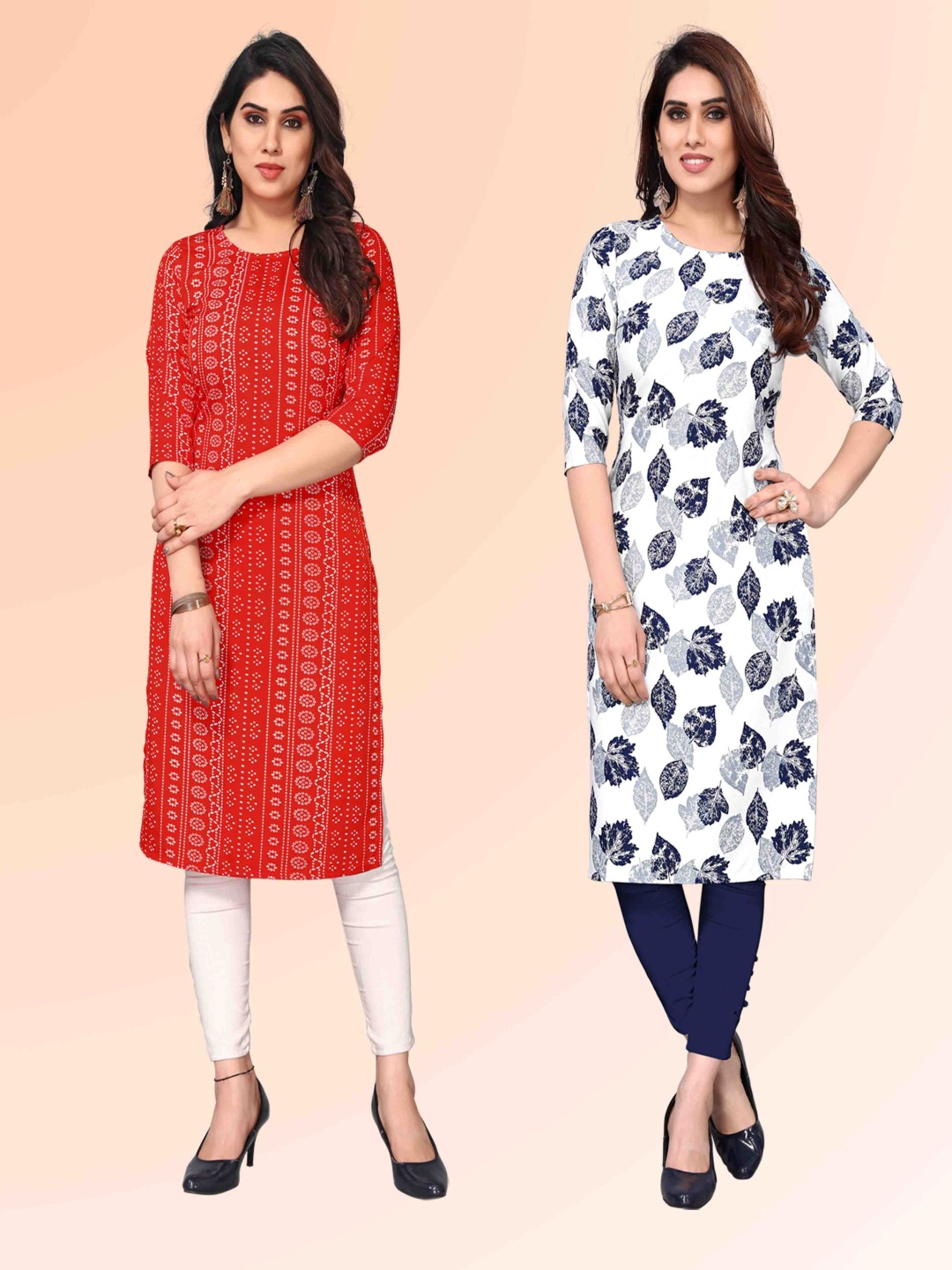 

KETAKI FASHION Selection Of 2 Bandhani Printed Straight Kurtas, Red