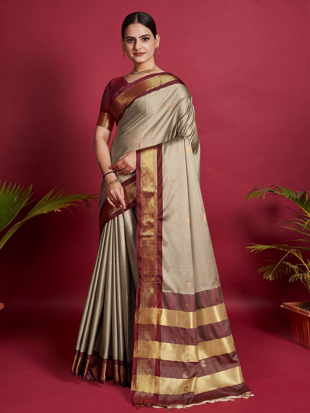 

Upalksh Ethnic Motifs Woven Design Zari Pure Silk Kota Saree, Beige