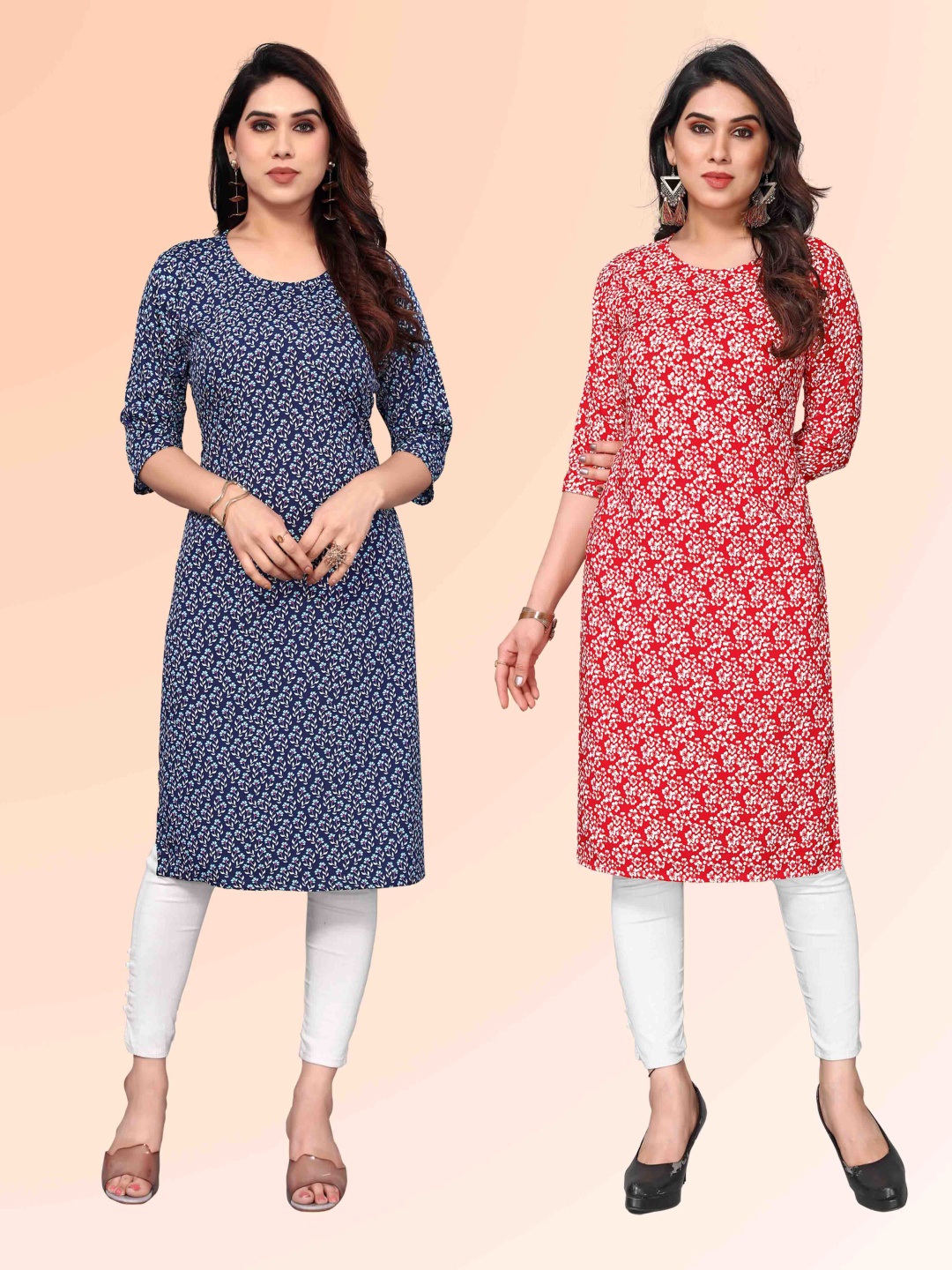 

KETAKI FASHION Selection Of 2 Floral Printed Round Neck Straight Kurtas, Blue