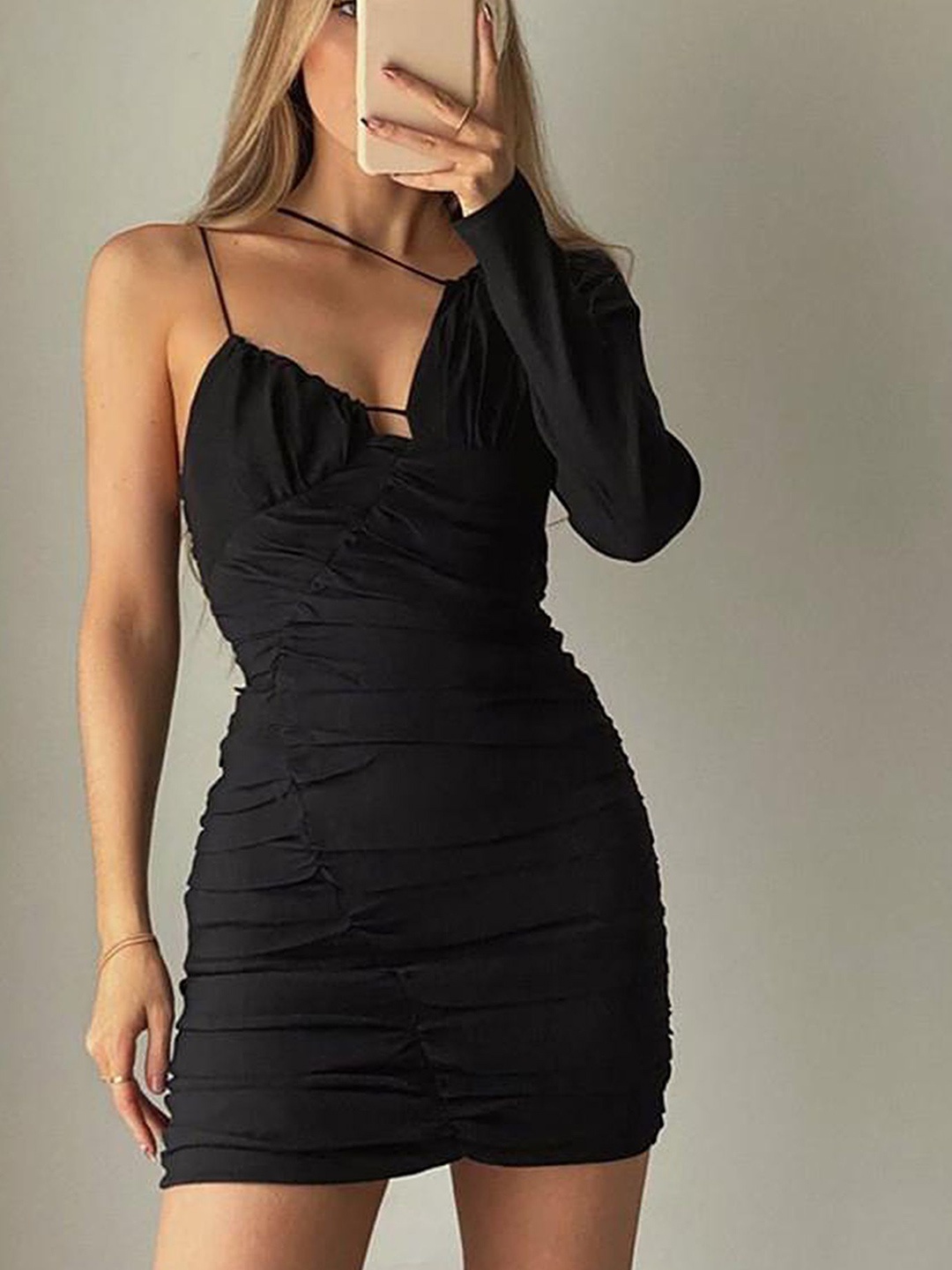 

LULU & SKY Gathered Detail Ruched Bodycon Mini Dress, Black