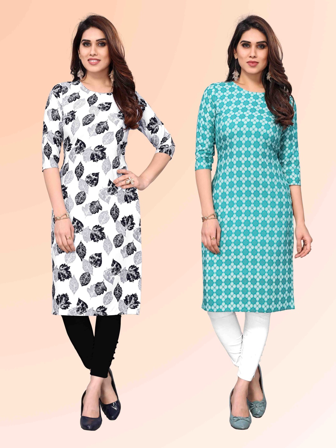 

KETAKI FASHION Selection Of 2 Floral Printed Round Neck Straight Kurtas, White