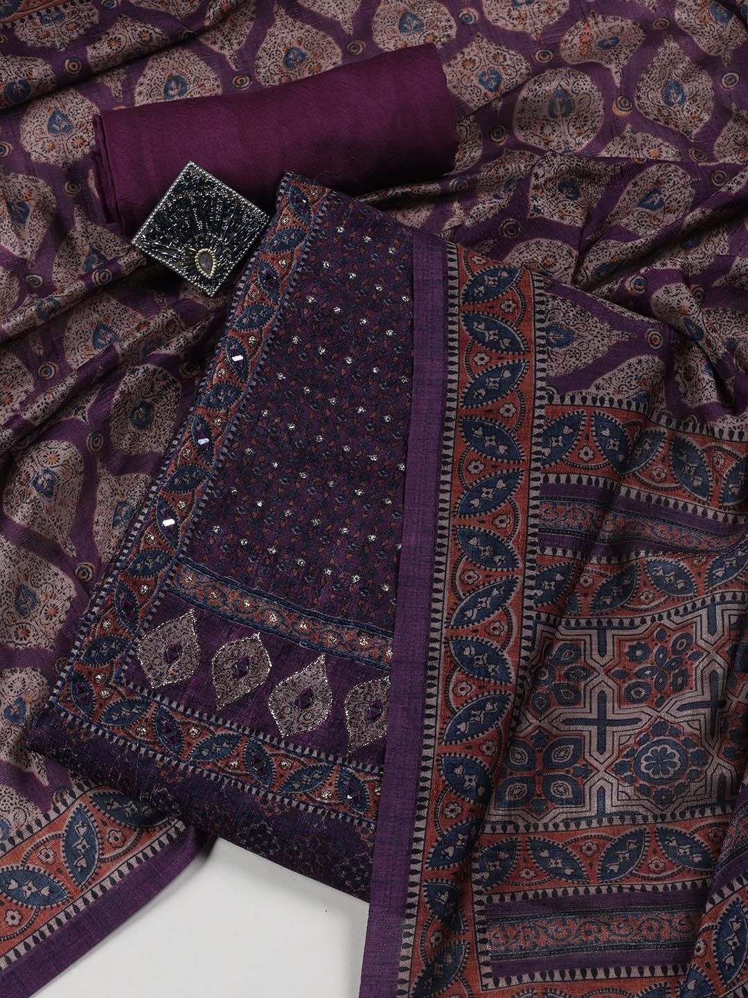 

Meena Bazaar Printed Art Silk Unstitched Dress Material, Burgundy