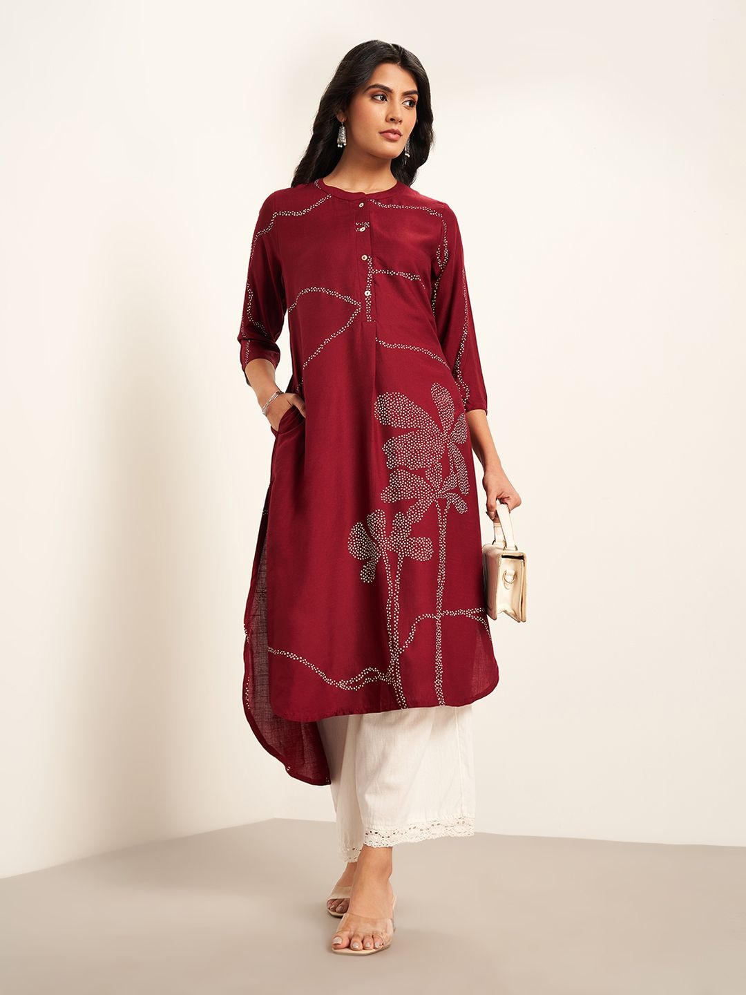 

RANGMANCH BY PANTALOONS Floral Printed Mandarin Collar A-Line Kurta, Red