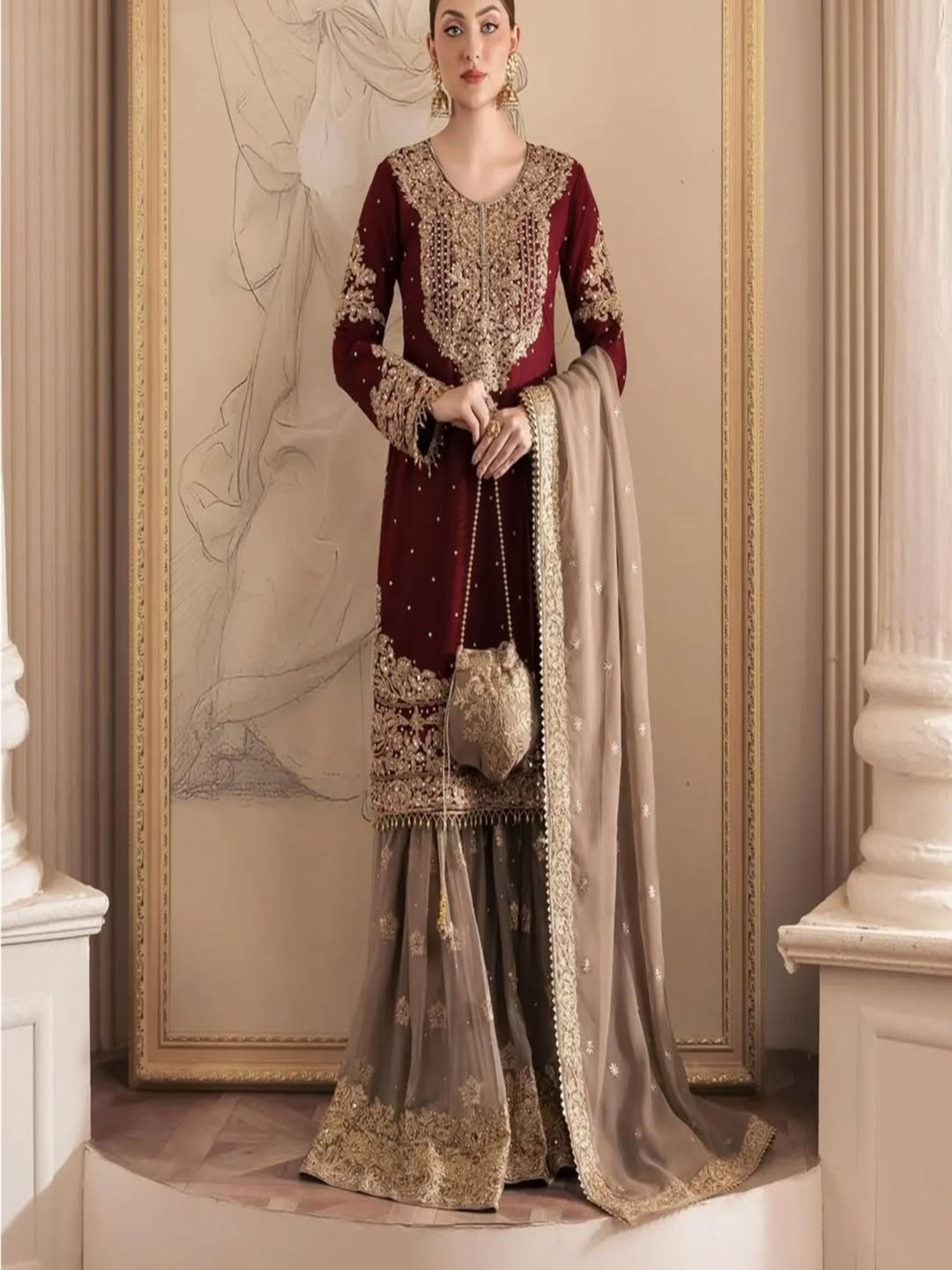

Jesvi Ethnic Motif Embroidered Zari Georgette Straight Kurti With Sharara And Dupatta, Maroon